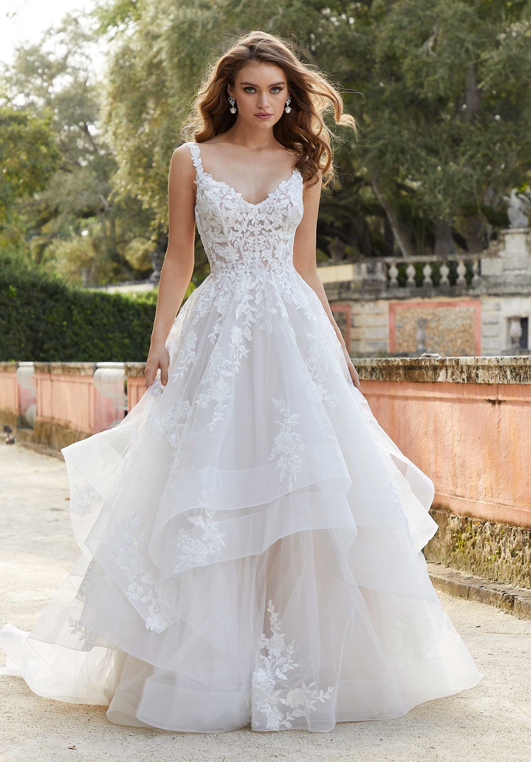 Wedding Dresses Long Lace Ruffle Wedding Bridal Dress MGNY Madeline Gardner New York 2470 Ivory/Champagne/Honey