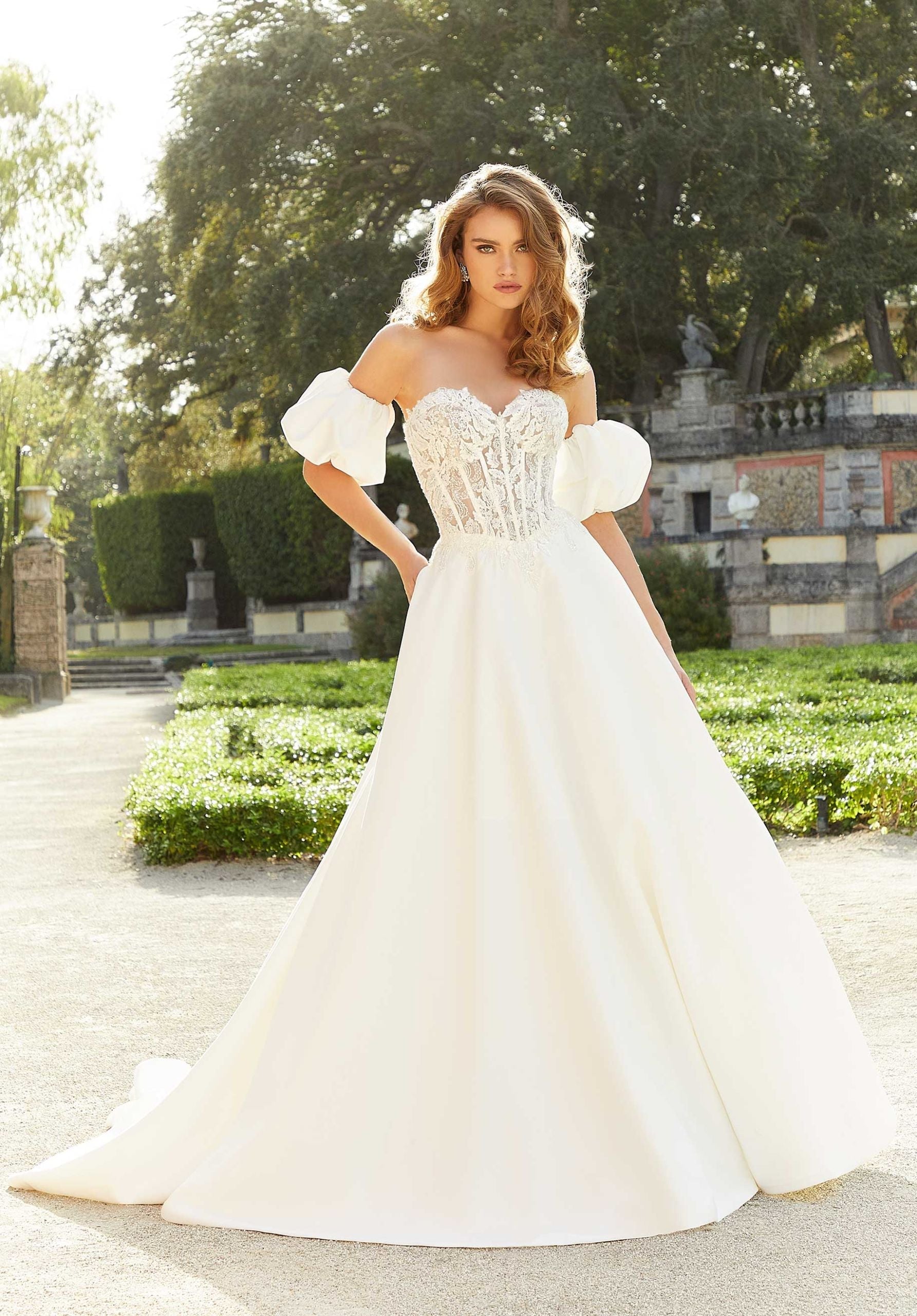 Wedding Dresses A Line Lace Corset Bridal Long Wedding Dress MGNY Madeline Gardner New York 2471 Ivory/Honey