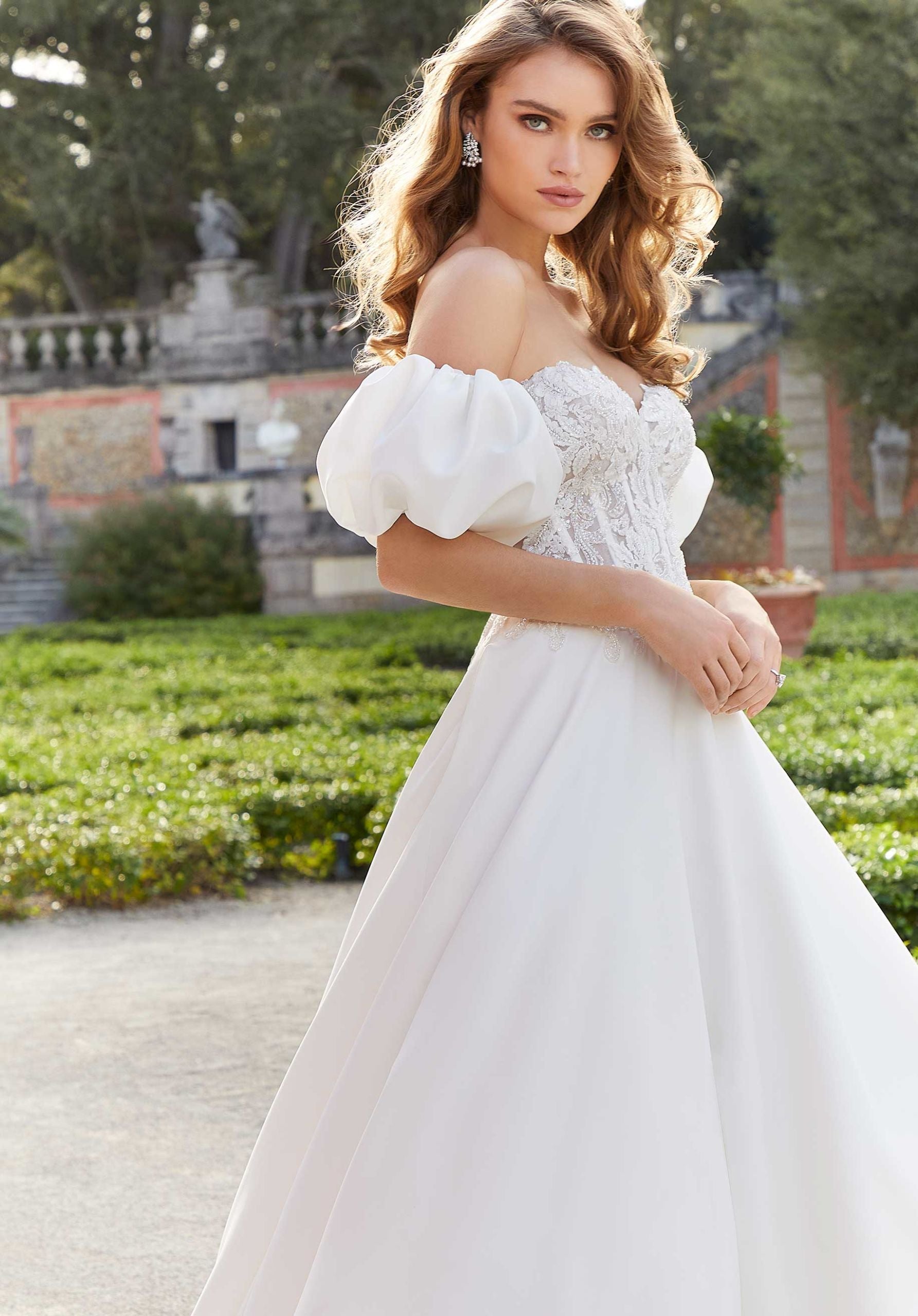 Wedding Dresses A Line Lace Corset Bridal Long Wedding Dress MGNY Madeline Gardner New York 2471 Ivory/Honey