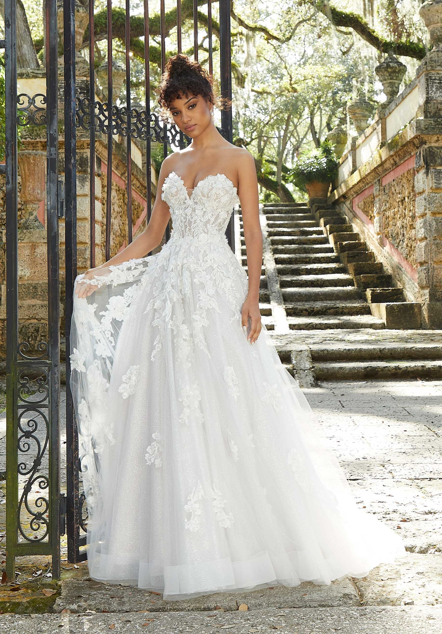 Wedding Dresses Lace Bridal Long 3D Floral Beaded Wedding Dress MGNY Madeline Gardner New York 2472 Ivory/Smoky Lavender/Honey