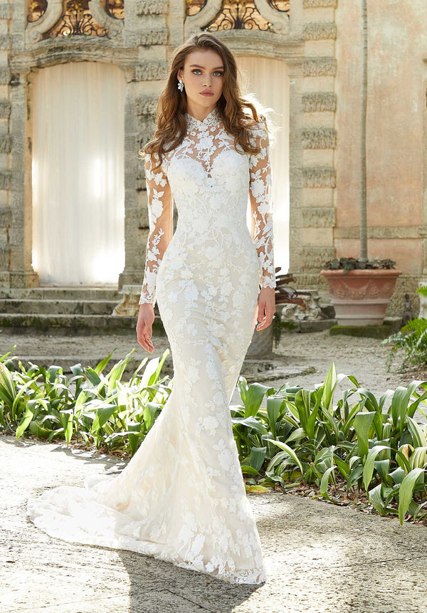 Lace Bridal Long Sleeve Fitted Wedding Dress MGNY Madeline Gardner New York 2473