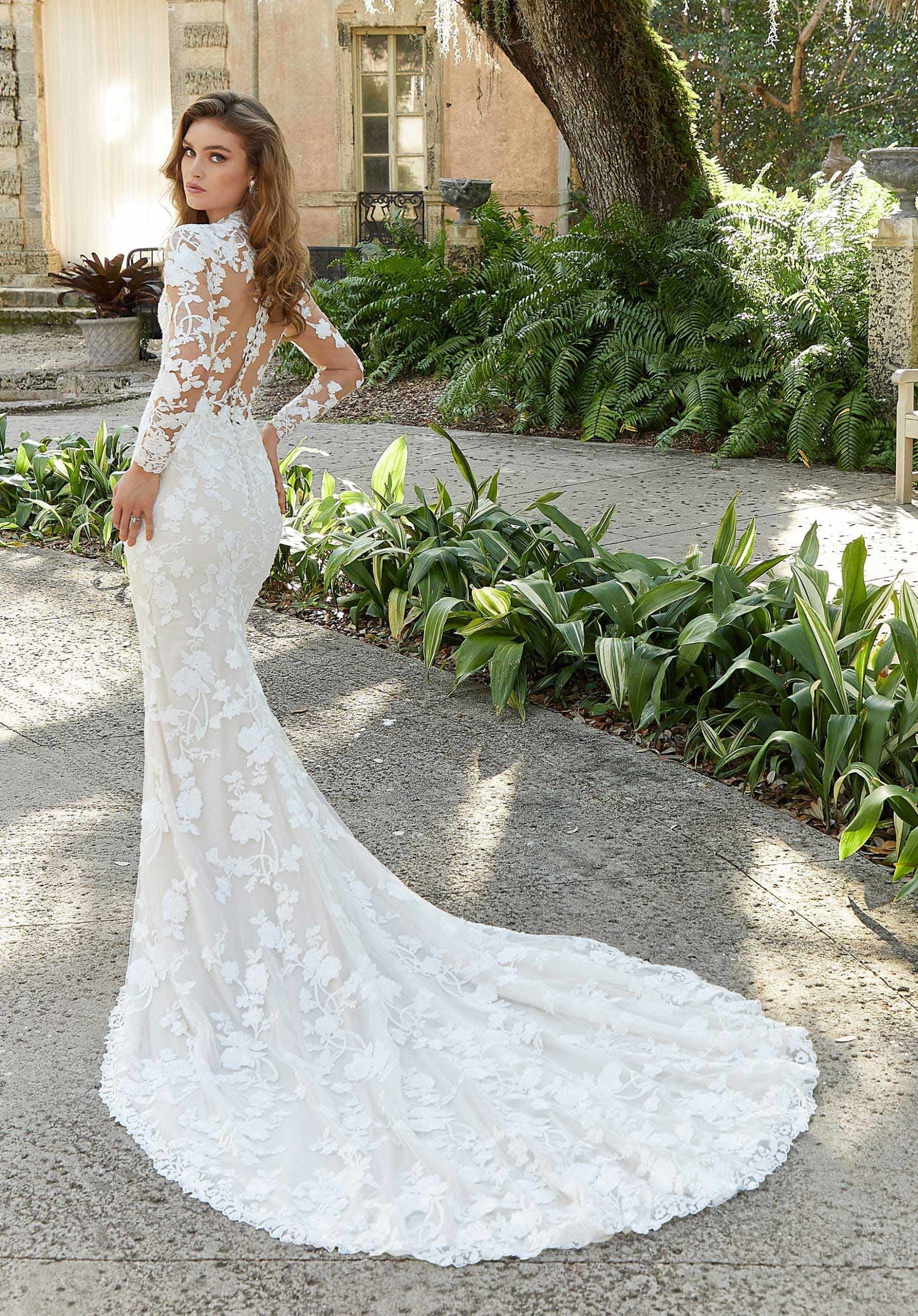 Wedding Dresses Lace Bridal Long Sleeve Fitted Wedding Dress MGNY Madeline Gardner New York 2473 Ivory/Champagne/Honey