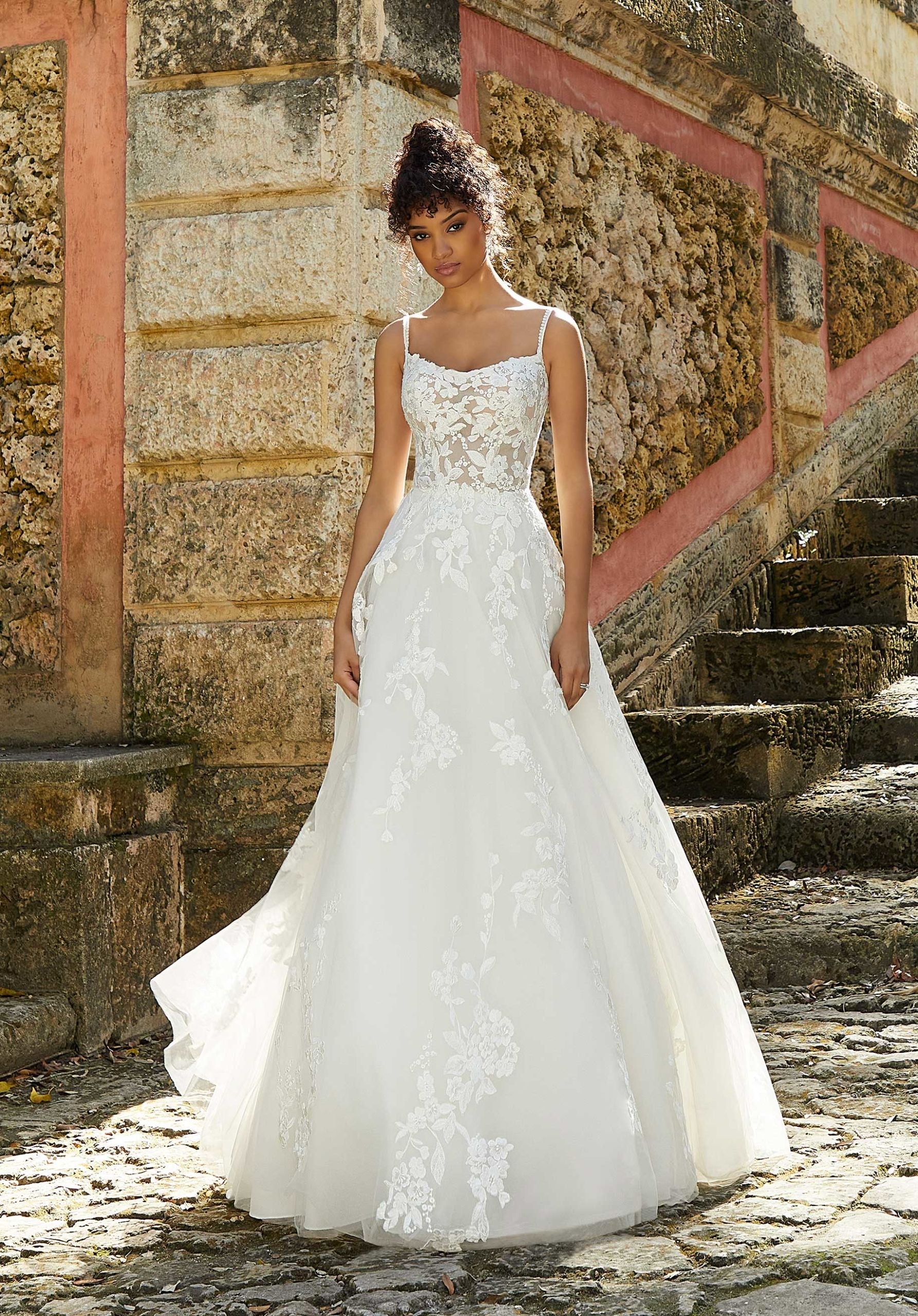 Wedding Dresses Long Lace Bridal A Line Wedding Dress MGNY Madeline Gardner New York 2474 Ivory/Pearl/Honey