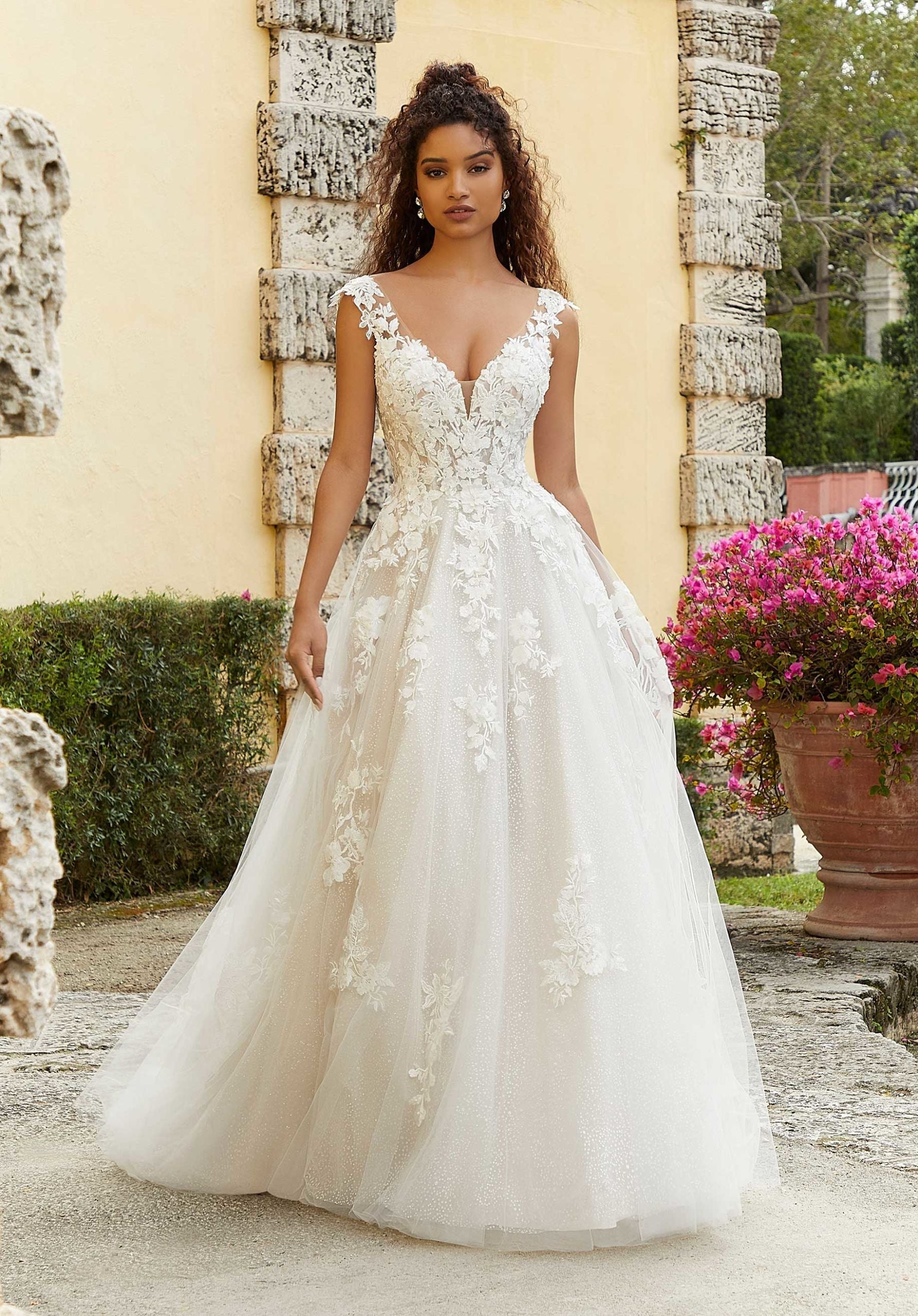Wedding Dresses Long 3D Floral Bridal Lace Wedding Dress MGNY Madeline Gardner New York 2476 Ivory/Almond/Honey