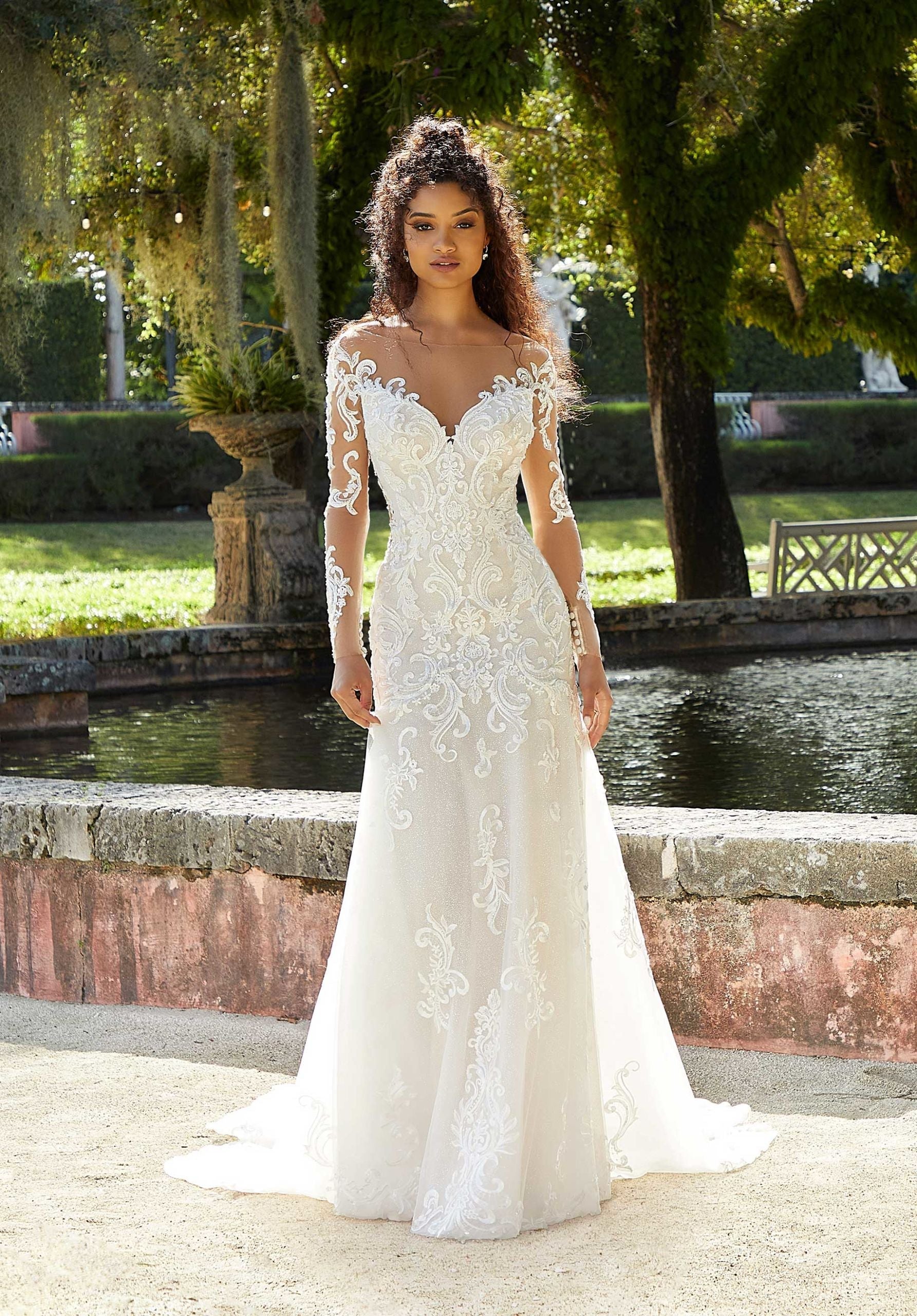 Wedding Dresses Lace Beaded Bridal Long Sleeve Wedding Dress MGNY Madeline Gardner New York 2481 Ivory/Cappuccino/Honey