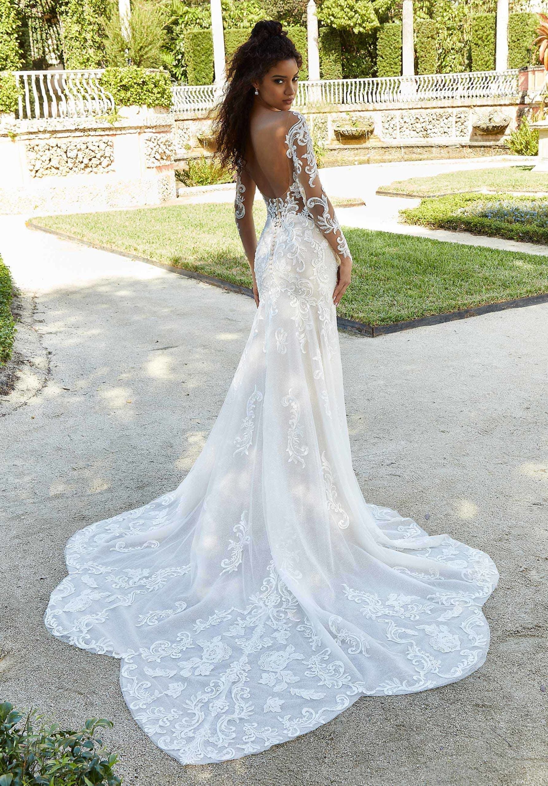 Wedding Dresses Lace Beaded Bridal Long Sleeve Wedding Dress MGNY Madeline Gardner New York 2481 Ivory/Cappuccino/Honey