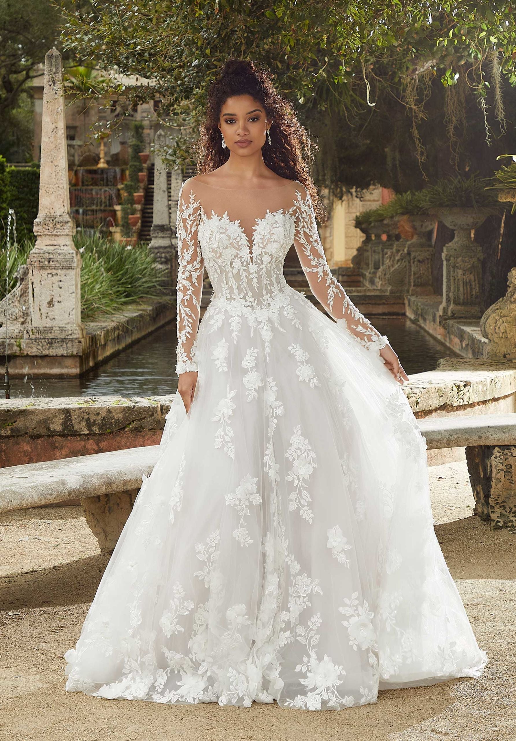 Wedding Dresses Long Sleeve 3D Floral Wedding Bridal Gown MGNY Madeline Gardner New York 2483 Ivory/Smoky Lavender/Honey