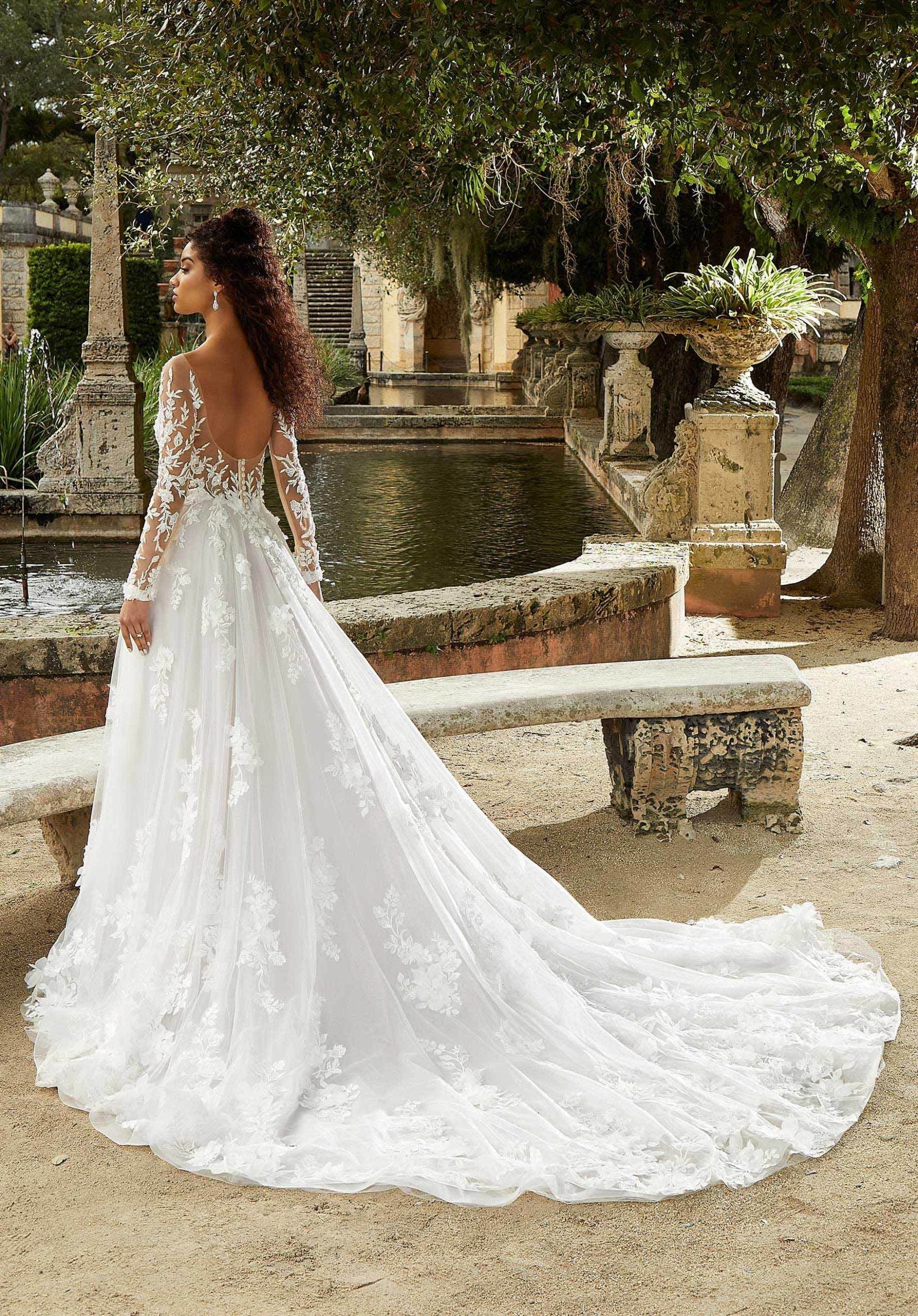 Wedding Dresses Long Sleeve 3D Floral Wedding Bridal Gown MGNY Madeline Gardner New York 2483 Ivory/Smoky Lavender/Honey