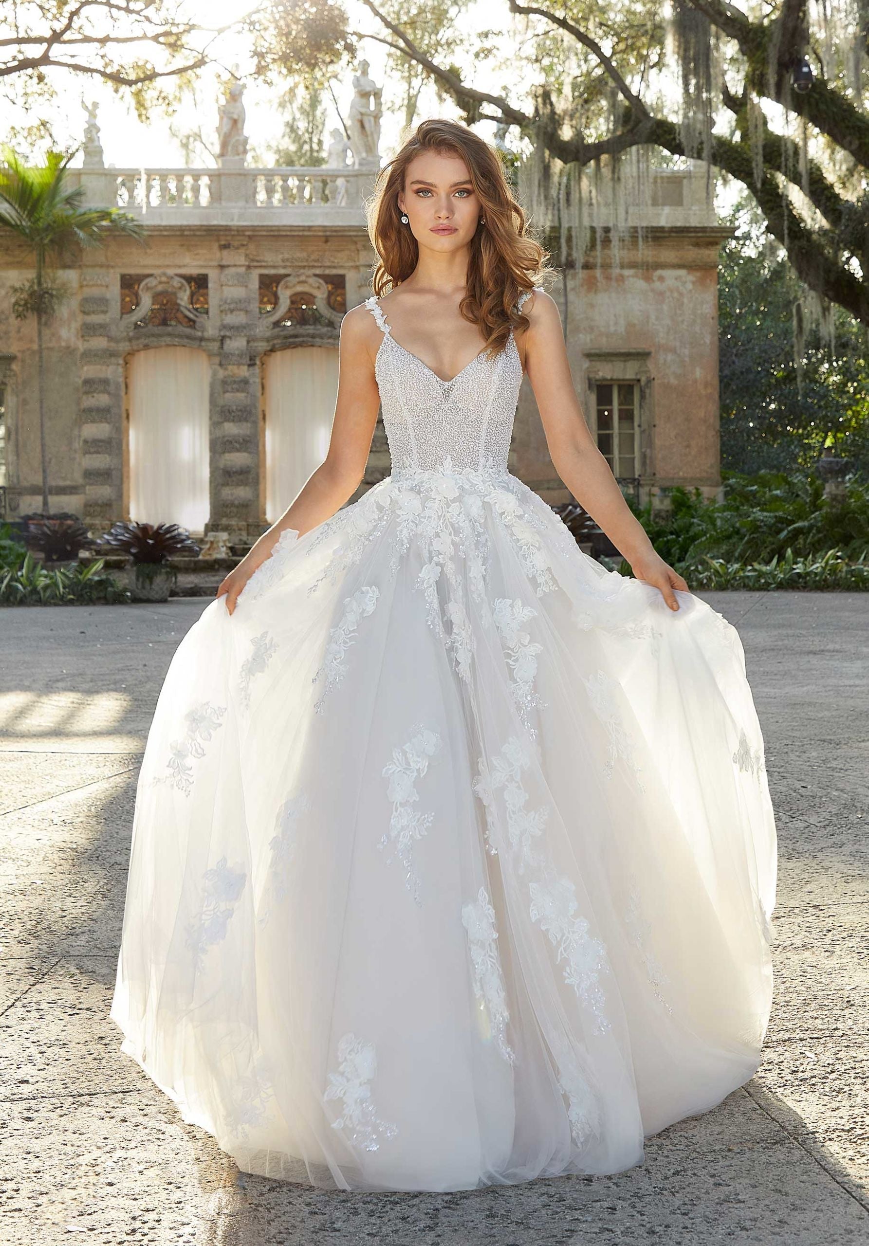 Wedding Dresses Long 3D Floral Bridal Lace Wedding Dress MGNY Madeline Gardner New York 2485 Ivory/Almond/Honey