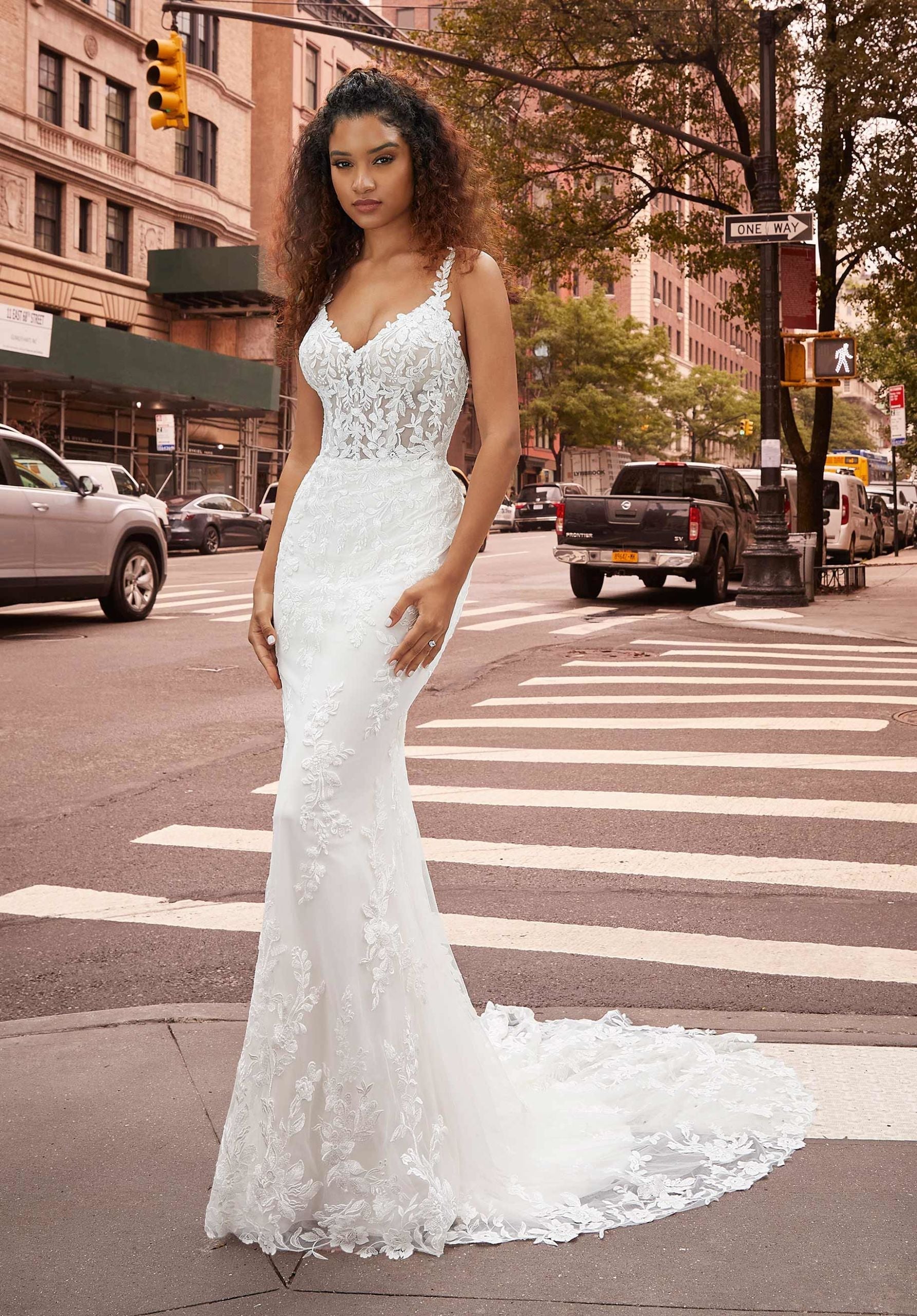 Wedding Dresses Long Lace Fitted Wedding Bridal Dress MGNY Madeline Gardner New York 2502 Ivory/Sand/Honey