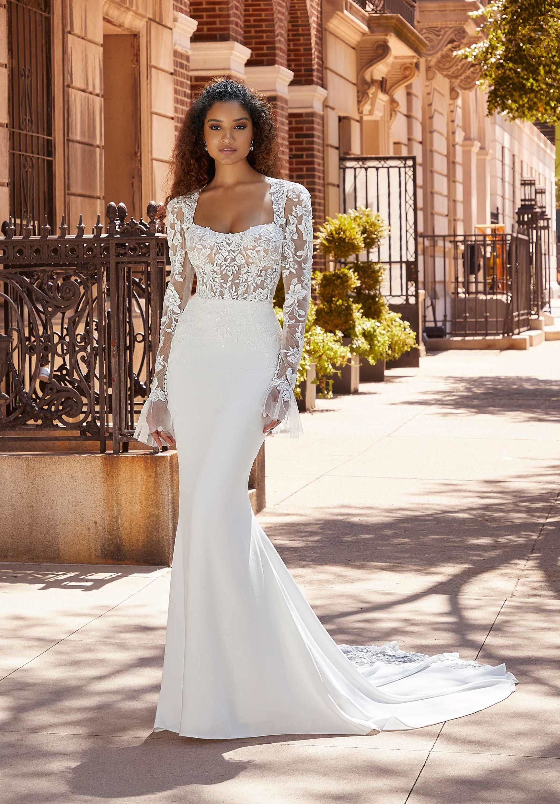 Wedding Dresses Long Sleeve Fitted Bridal Wedding Dress MGNY Madeline Gardner New York 2504 Ivory/Honey