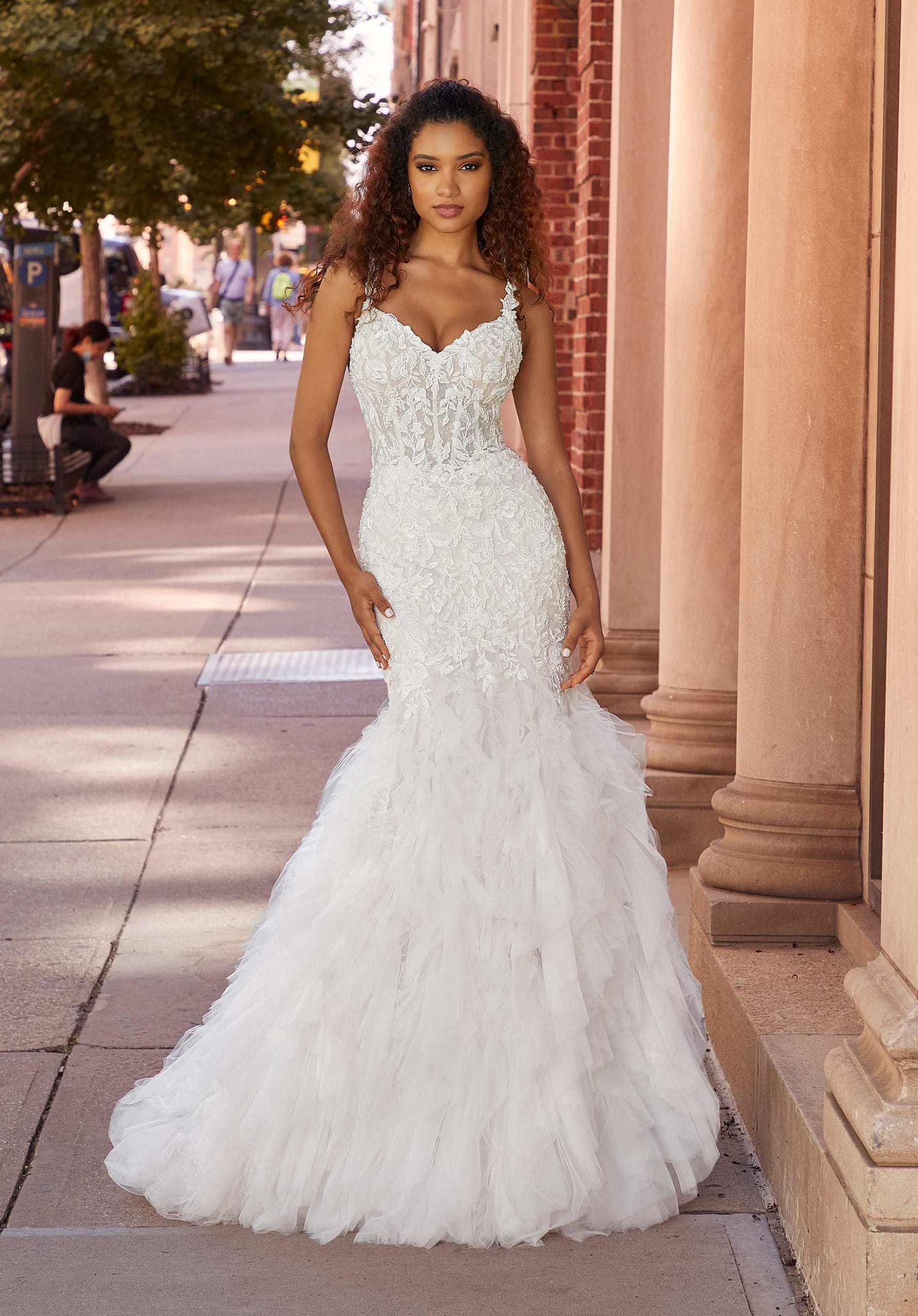Wedding Dresses Long Ruffle Lace Bridal Mermaid Wedding Dress MGNY Madeline Gardner New York 2507 Ivory/Champagne/Honey