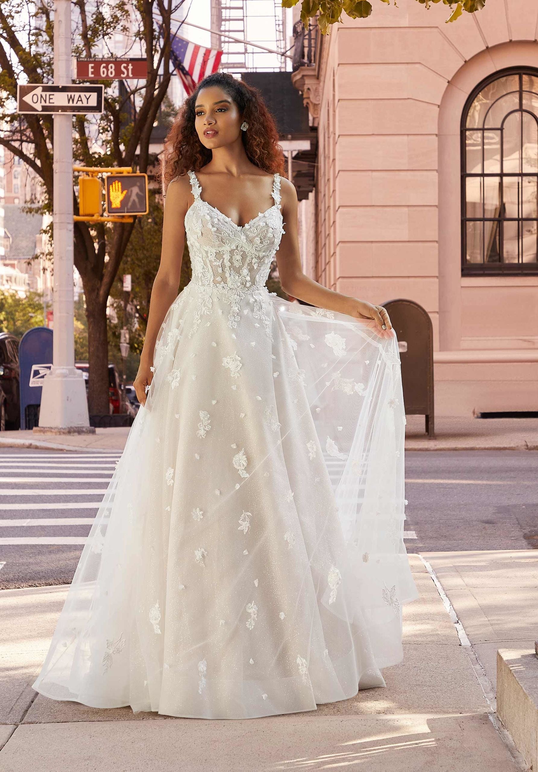 Wedding Dresses Long Floral Lace A Line Wedding Bridal Dress MGNY Madeline Gardner New York 2508 Ivory/Latte/Honey