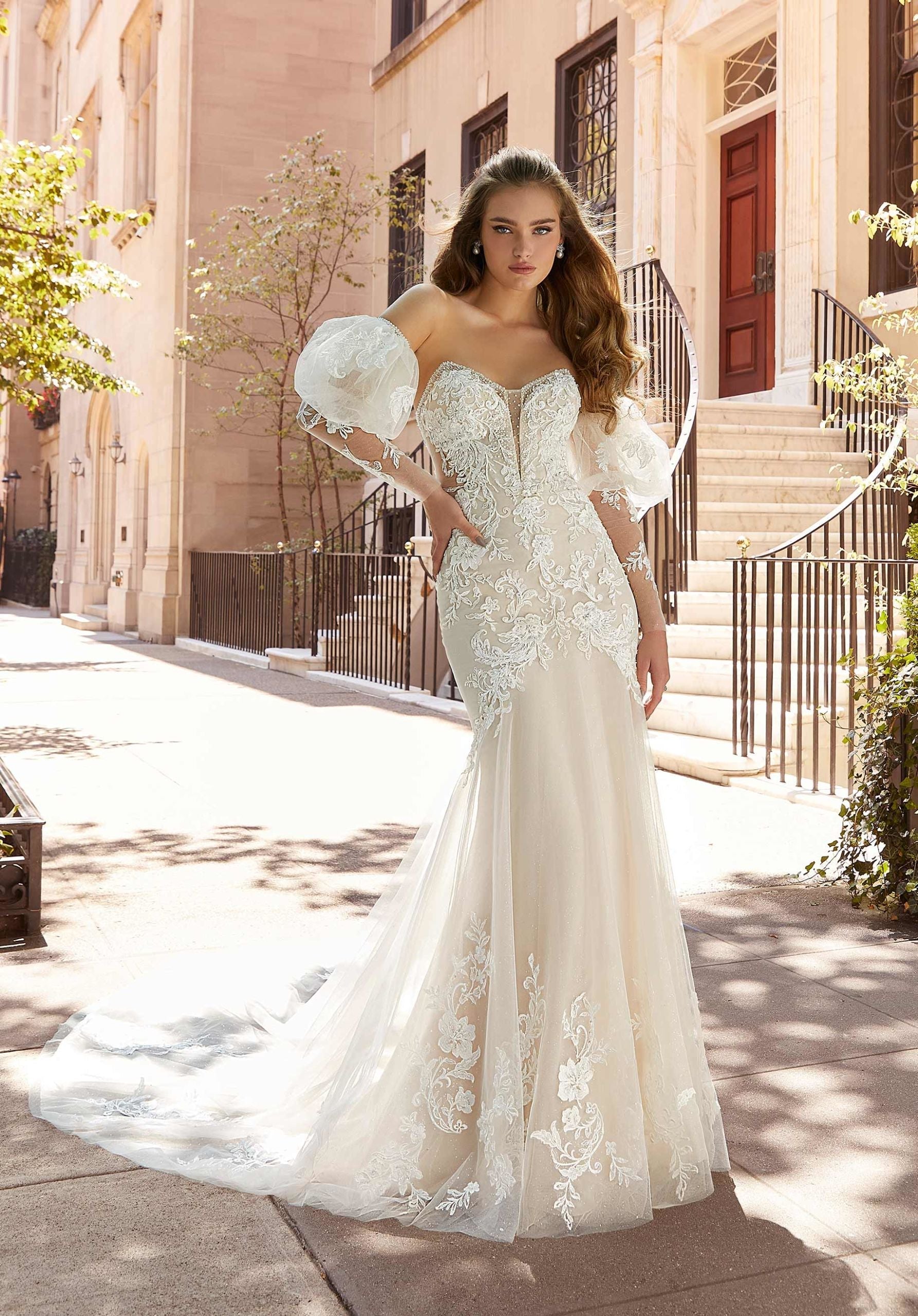 Wedding Dresses Long Bridal Beaded Floral Lace Wedding Dress MGNY Madeline Gardner New York 2509 Ivory/Cappuccino/Honey
