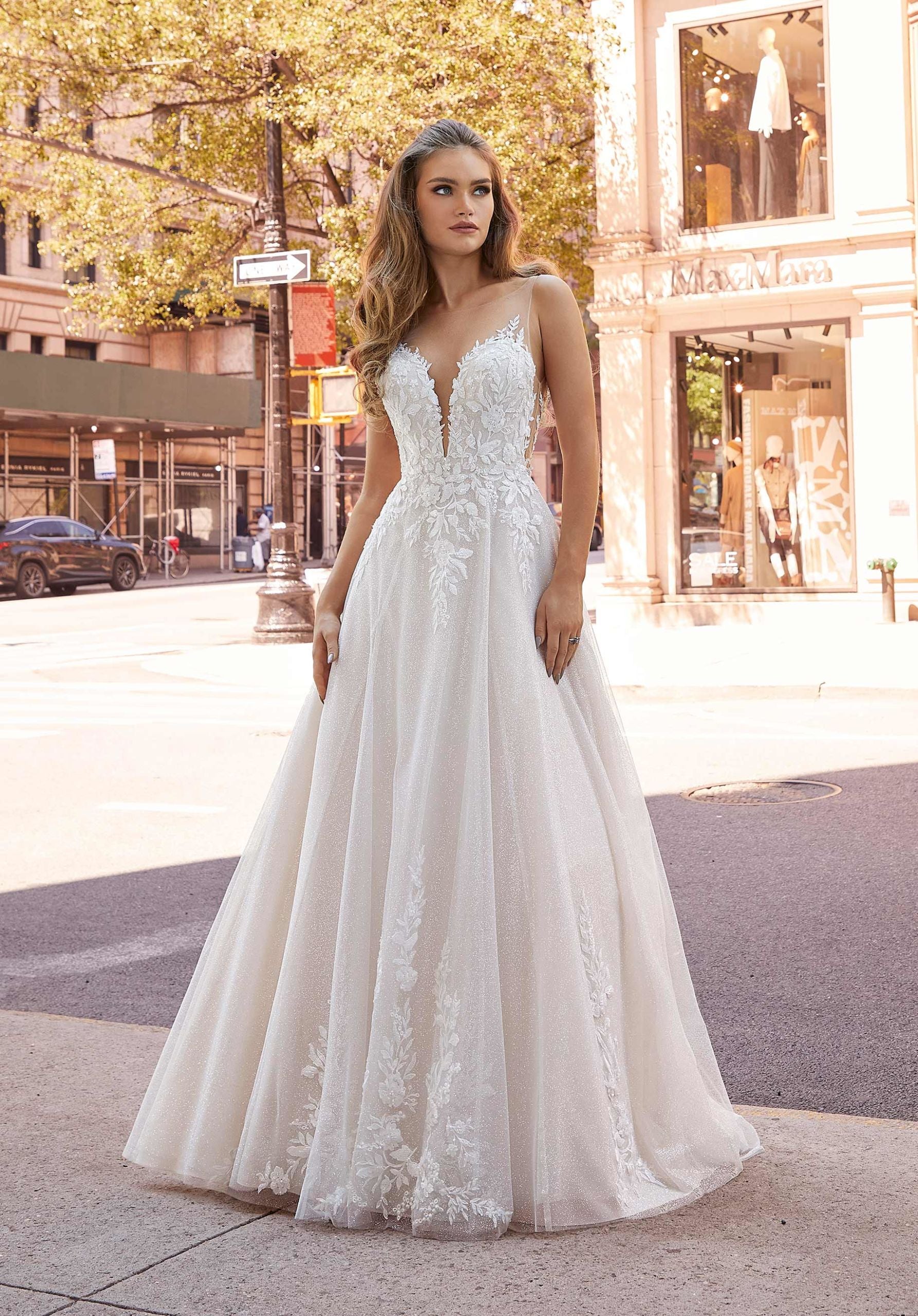 Wedding Dresses Long Bridal A Line Glitter Lace Wedding Dress MGNY Madeline Gardner New York 2516 Ivory/Latte/Honey