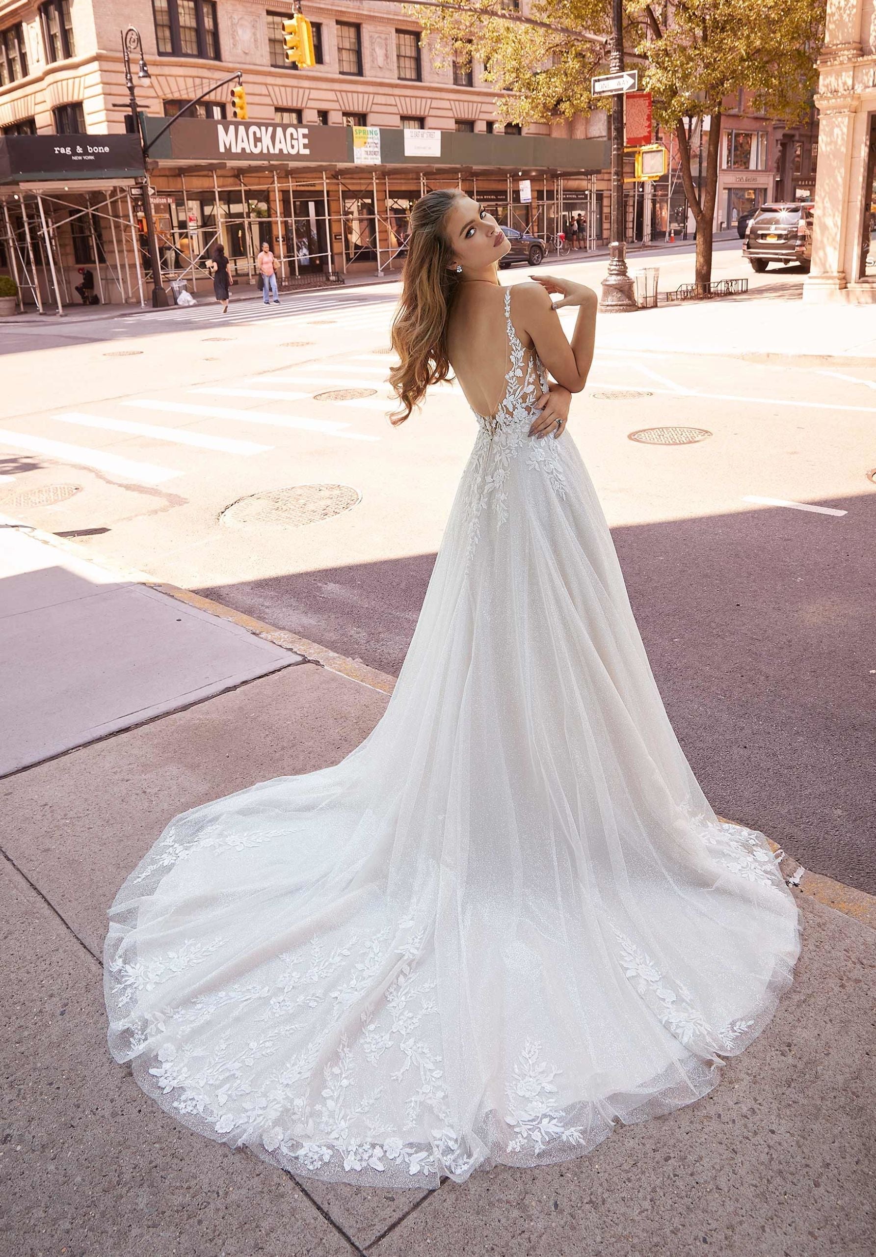 Wedding Dresses Long Bridal A Line Glitter Lace Wedding Dress MGNY Madeline Gardner New York 2516 Ivory/Latte/Honey