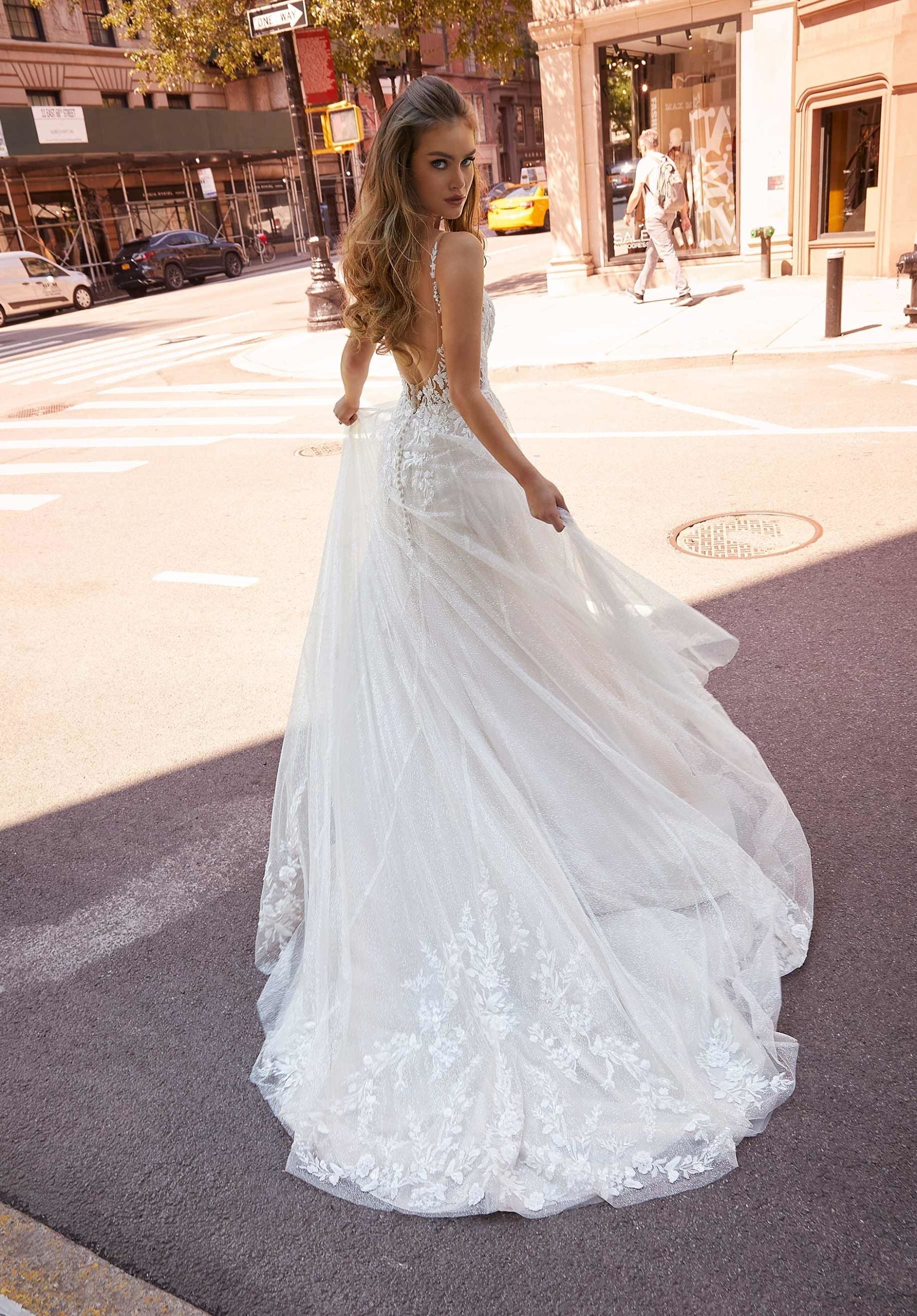 Wedding Dresses Long Bridal A Line Glitter Lace Wedding Dress MGNY Madeline Gardner New York 2516 Ivory/Latte/Honey