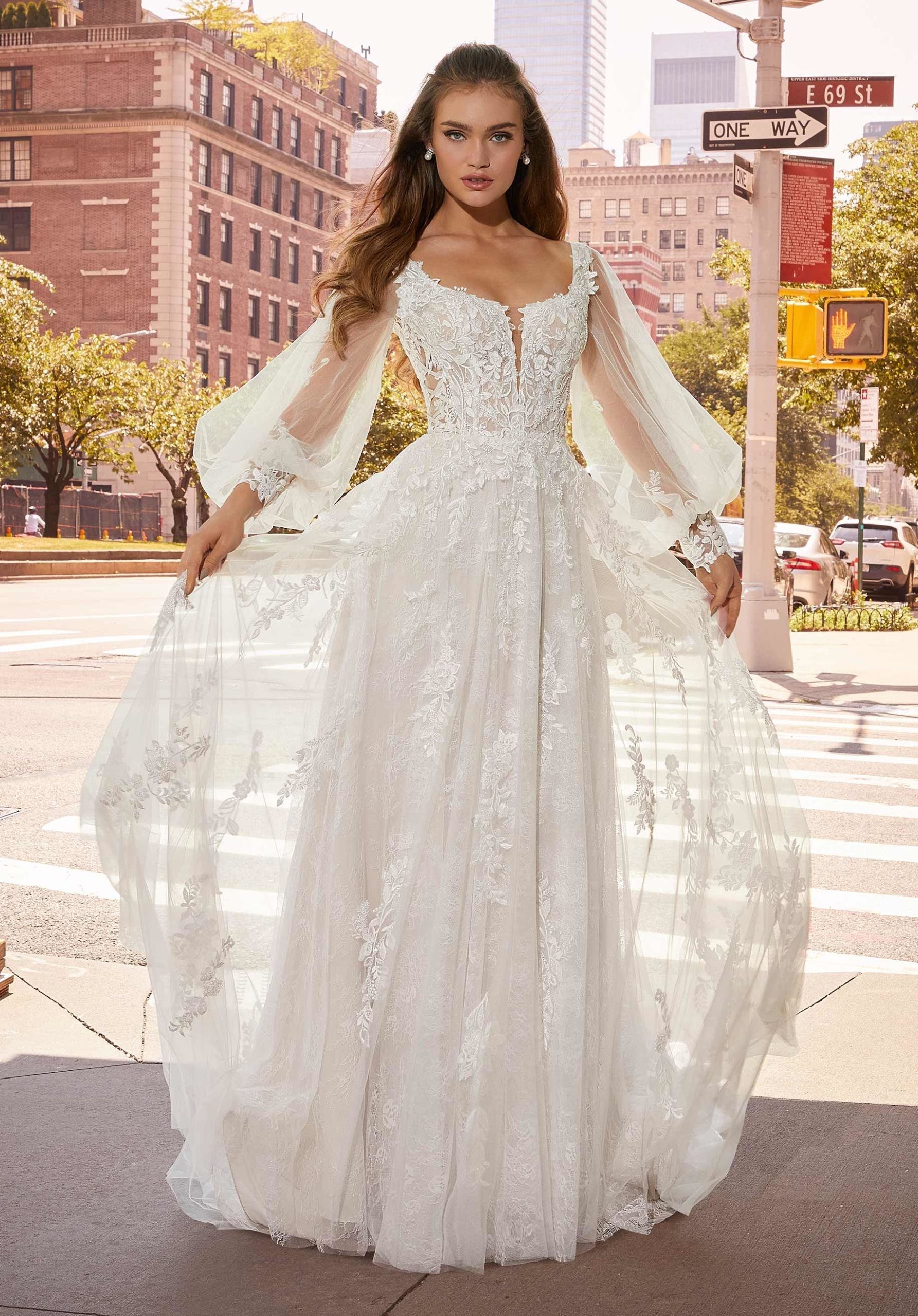 Wedding Dresses Long Sleeve Lace Wedding A Line Dress MGNY Madeline Gardner New York 2518 Ivory/Champagne/Honey
