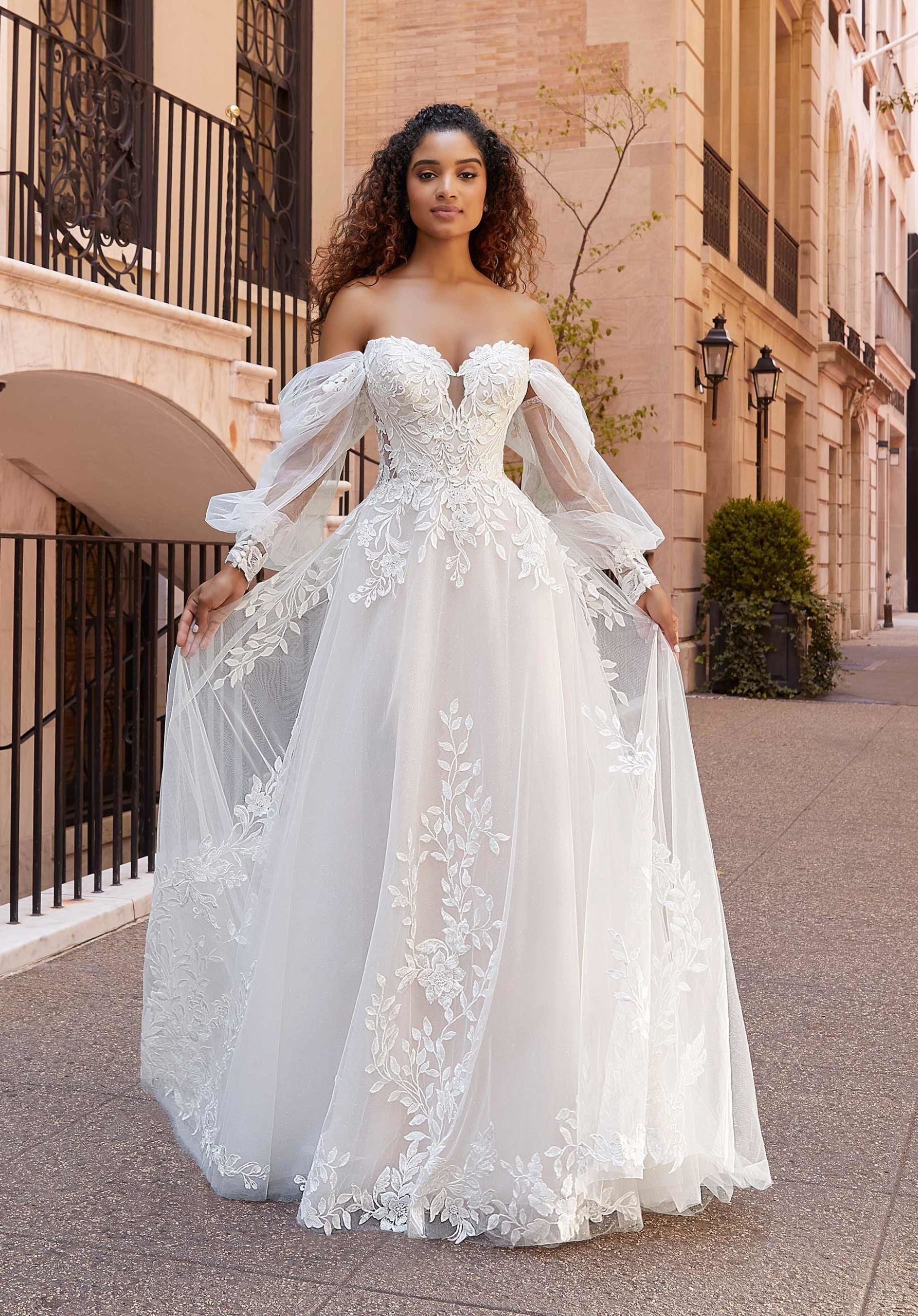 Wedding Dresses Lace A Line Long Wedding Bridal Dress MGNY Madeline Gardner New York 2523 Ivory/Champagne/Honey