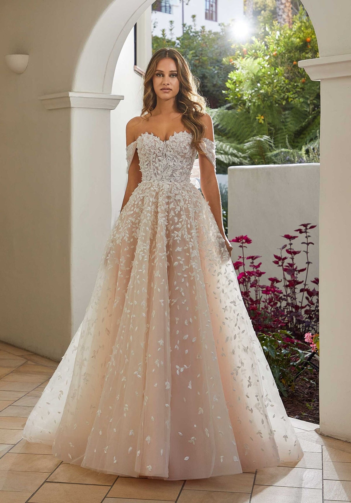 Wedding Dresses Long Wedding Lace A Line Dress MGNY Madeline Gardner New York 2531 Ivory/Prosecco/Honey