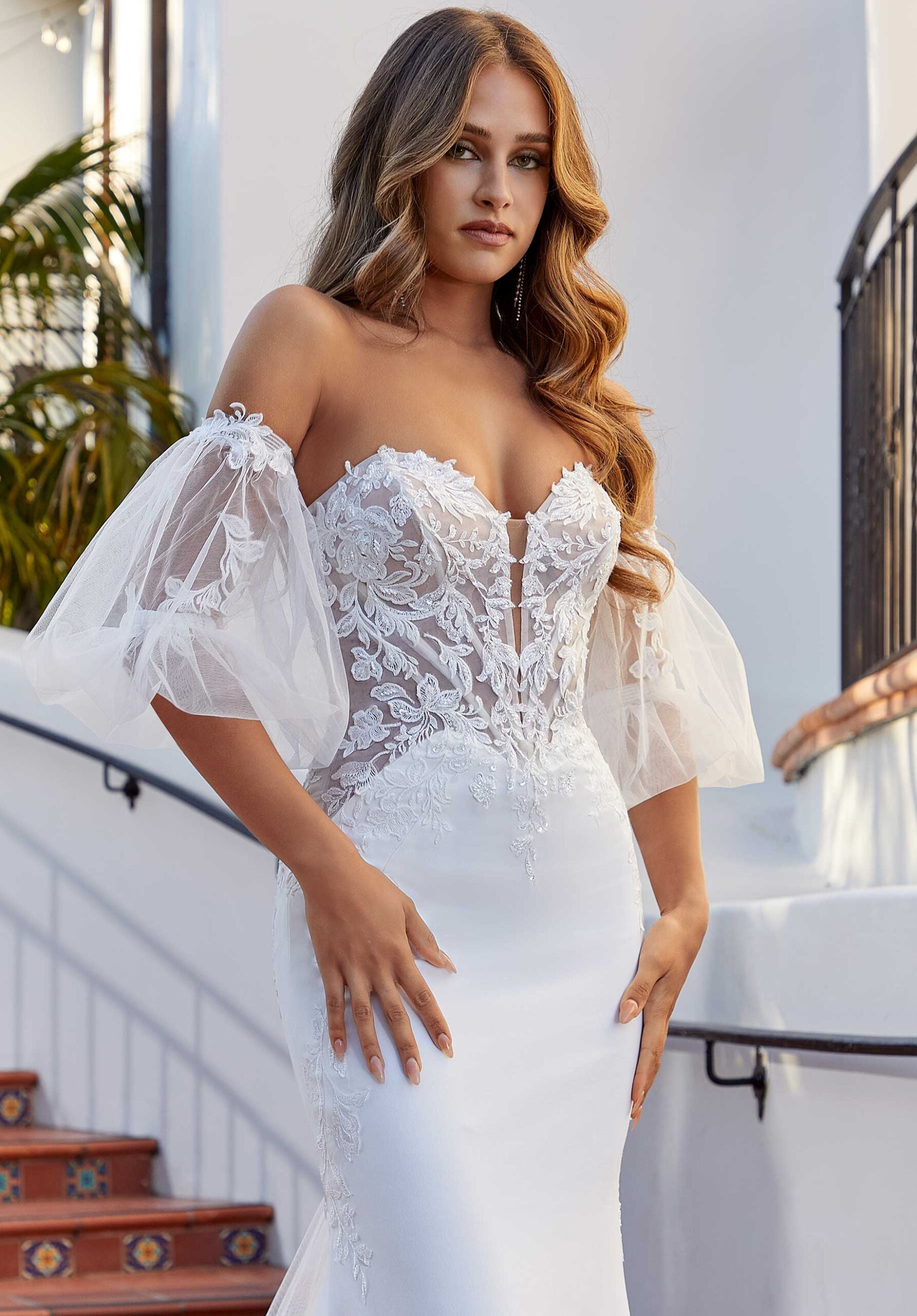 Wedding Dresses Long Fitted Wedding Beaded Lace Bridal Dress MGNY Madeline Gardner New York 2535 Ivory/Honey