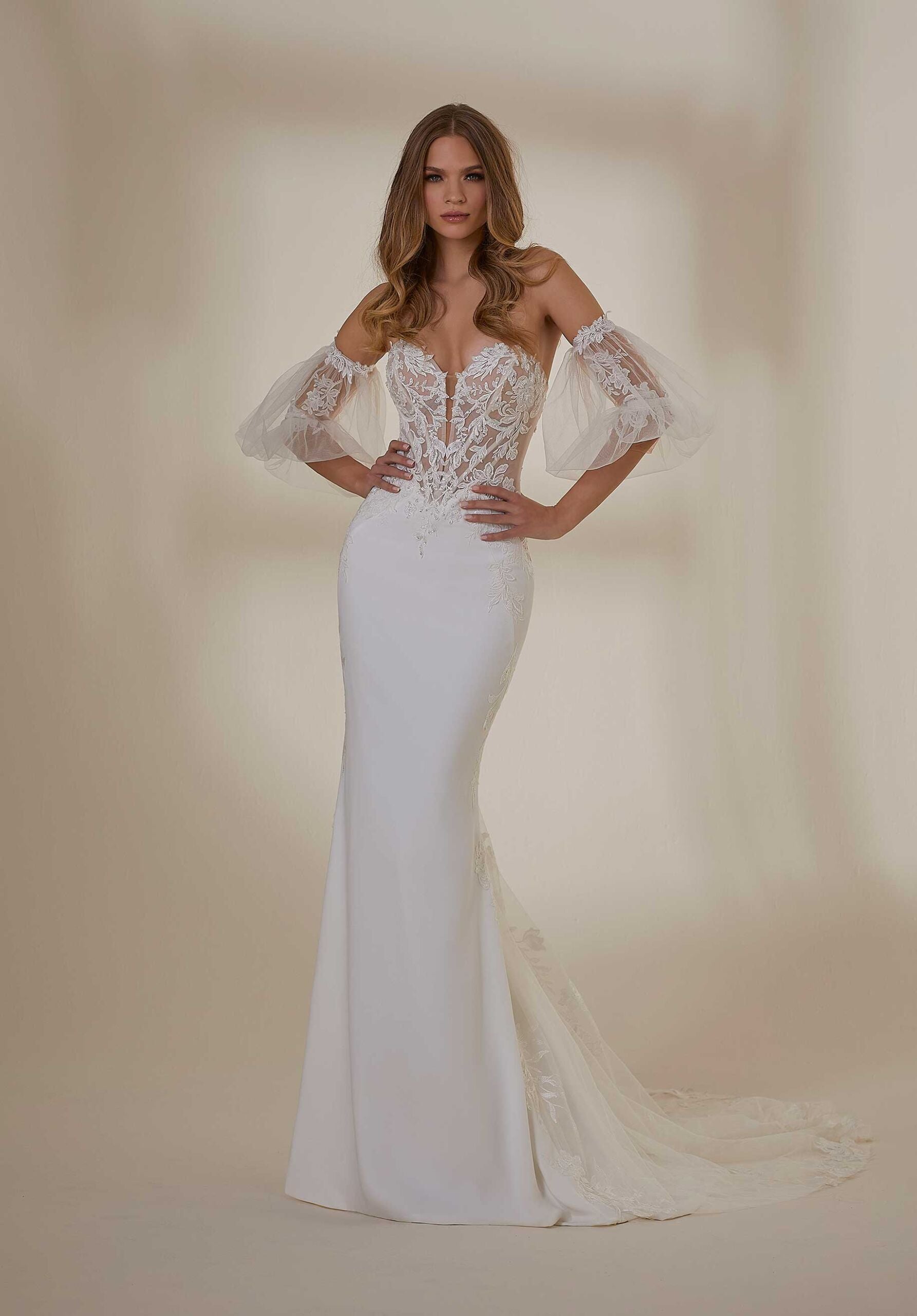 Wedding Dresses Long Fitted Wedding Beaded Lace Bridal Dress MGNY Madeline Gardner New York 2535 Ivory/Honey