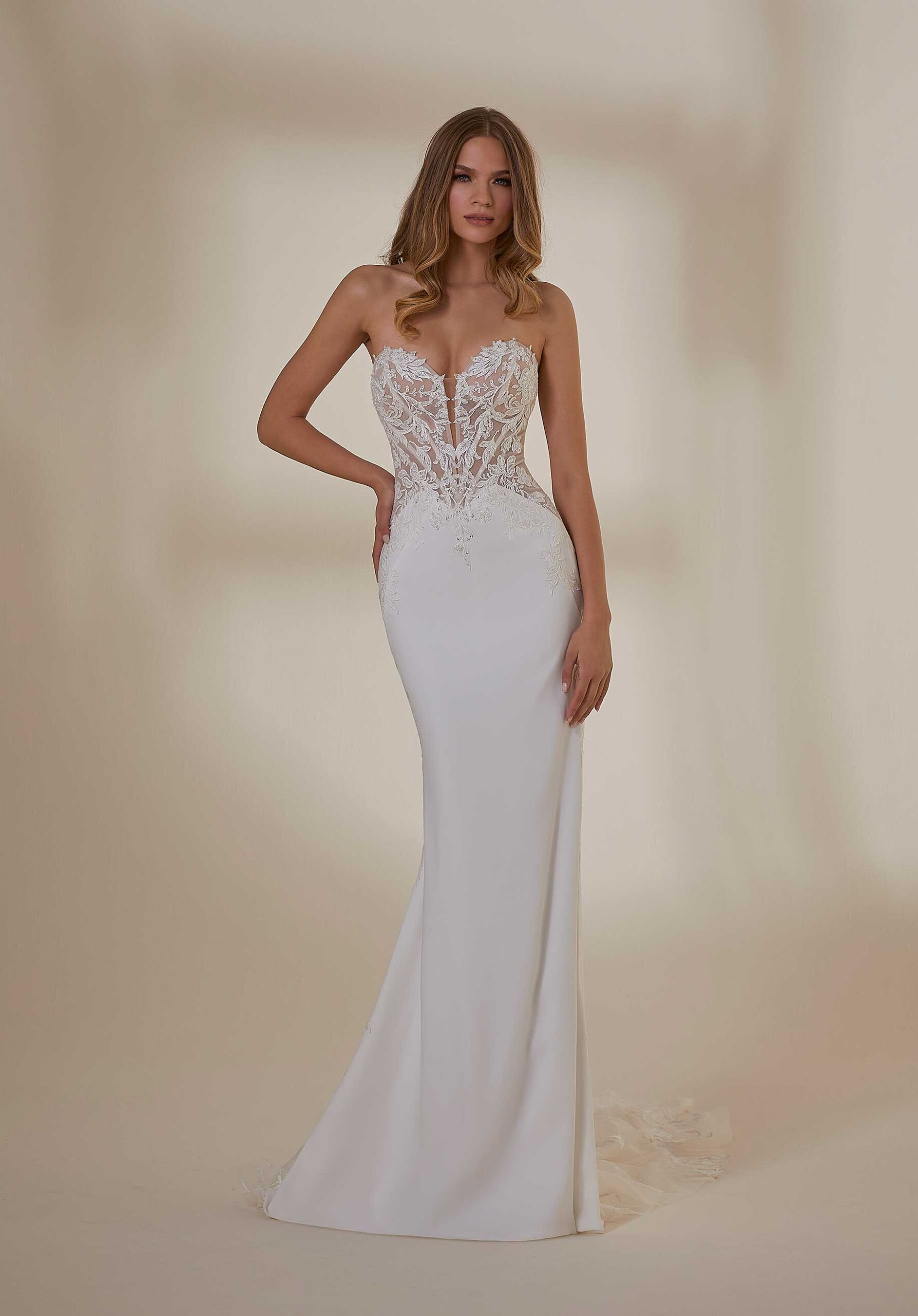 Wedding Dresses Long Fitted Wedding Beaded Lace Bridal Dress MGNY Madeline Gardner New York 2535 Ivory/Honey