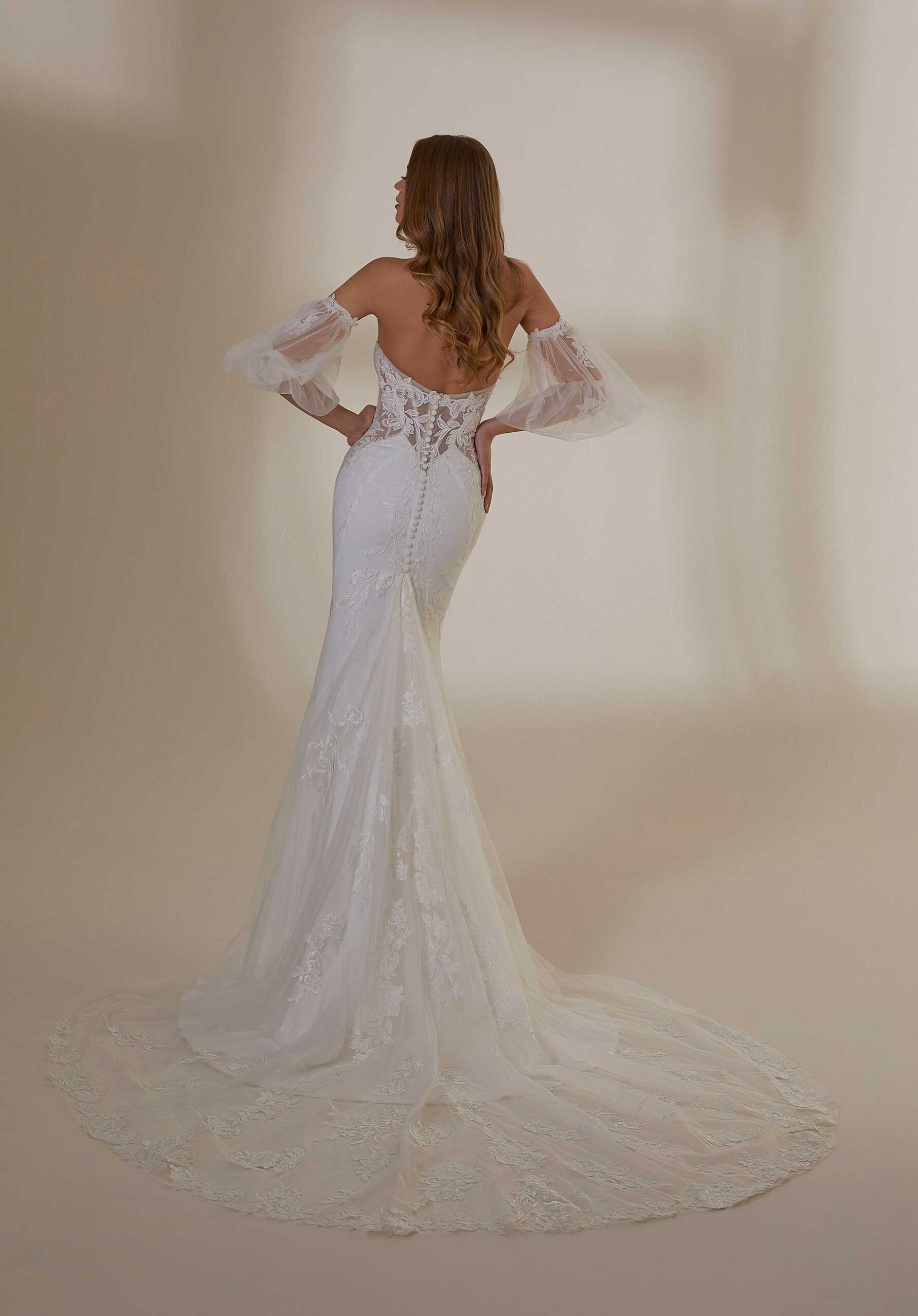 Wedding Dresses Long Fitted Wedding Beaded Lace Bridal Dress MGNY Madeline Gardner New York 2535 Ivory/Honey