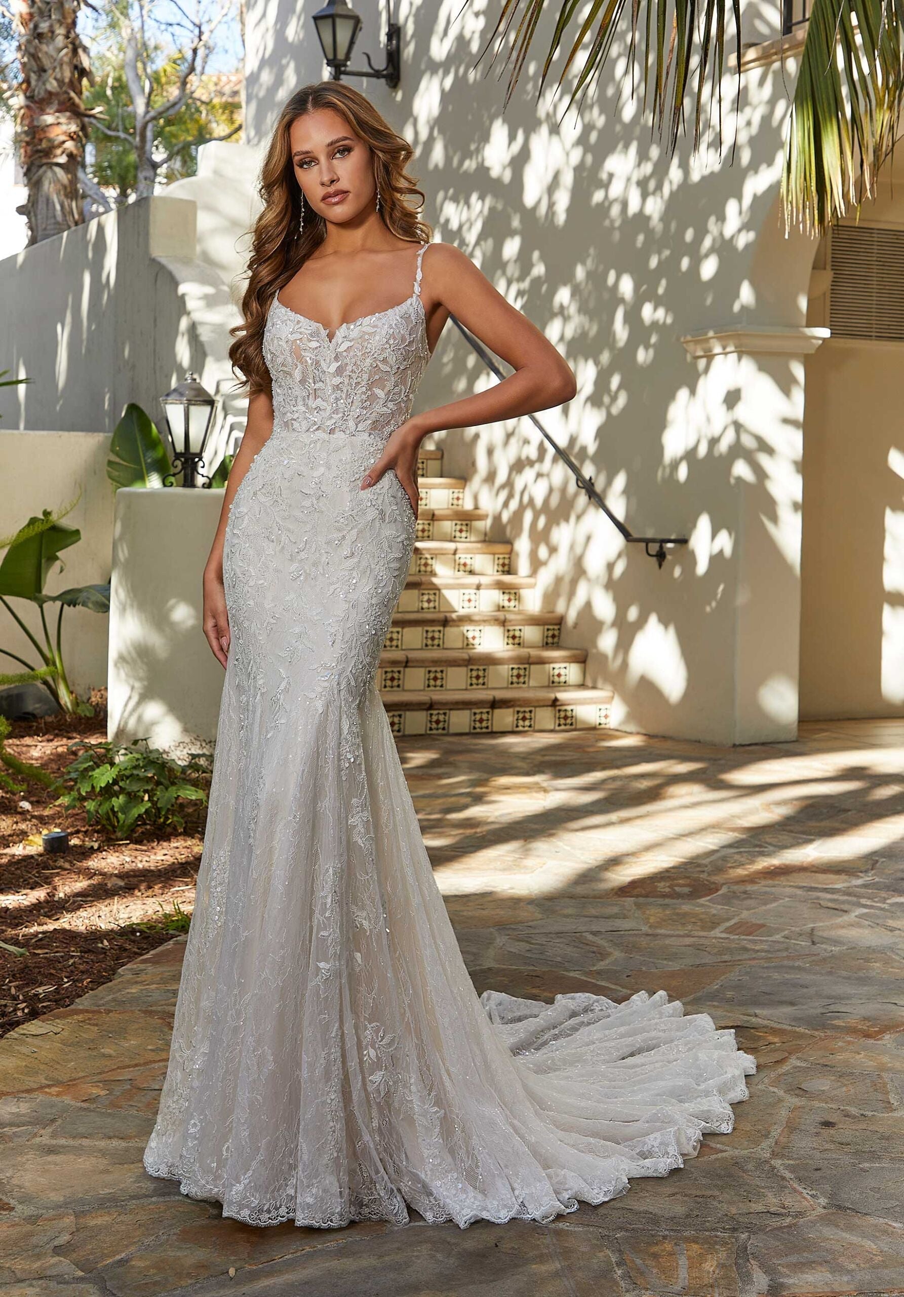 Wedding Dresses Long Lace Wedding Beaded Corset Bridal Dress MGNY Madeline Gardner New York 2542 Ivory/Champagne/Honey