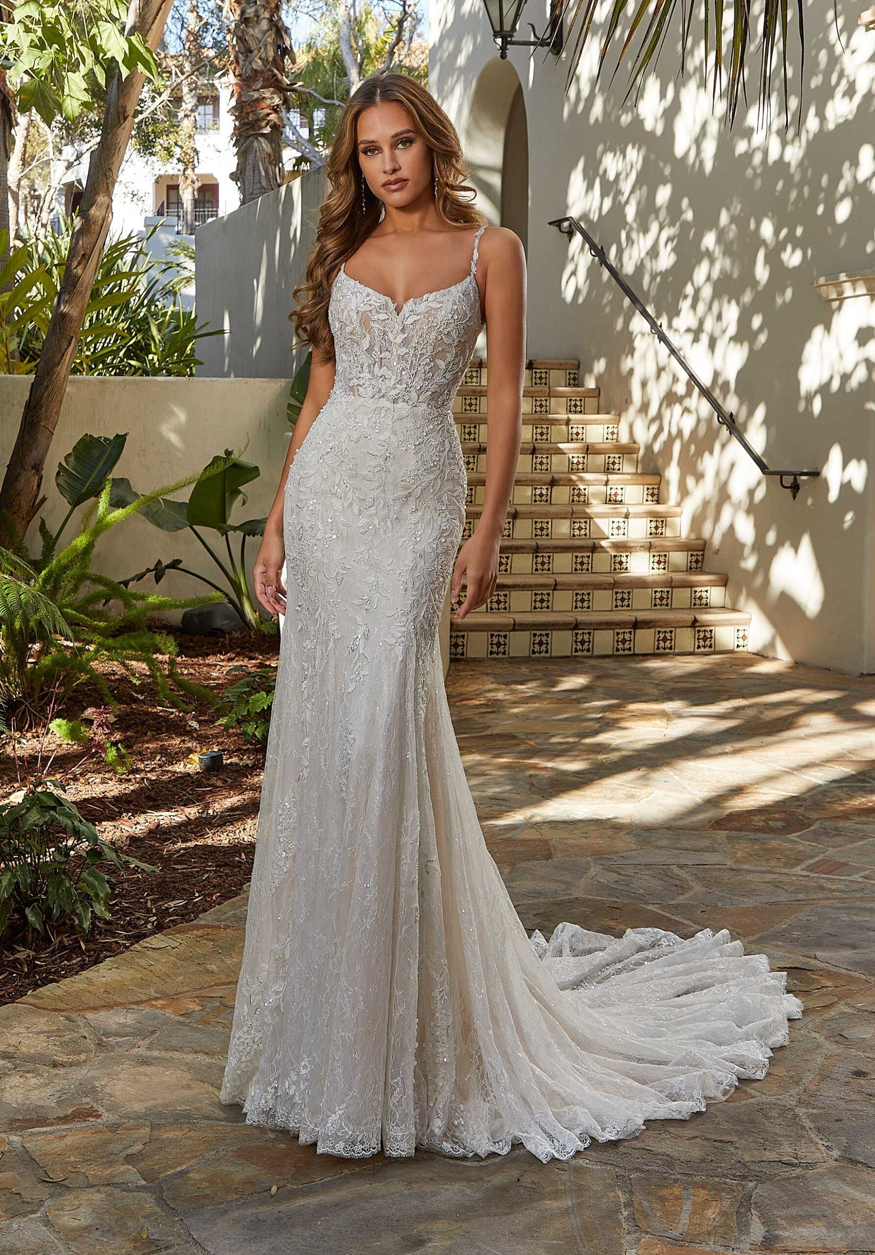 Wedding Dresses Long Lace Wedding Beaded Corset Bridal Dress MGNY Madeline Gardner New York 2542 Ivory/Champagne/Honey