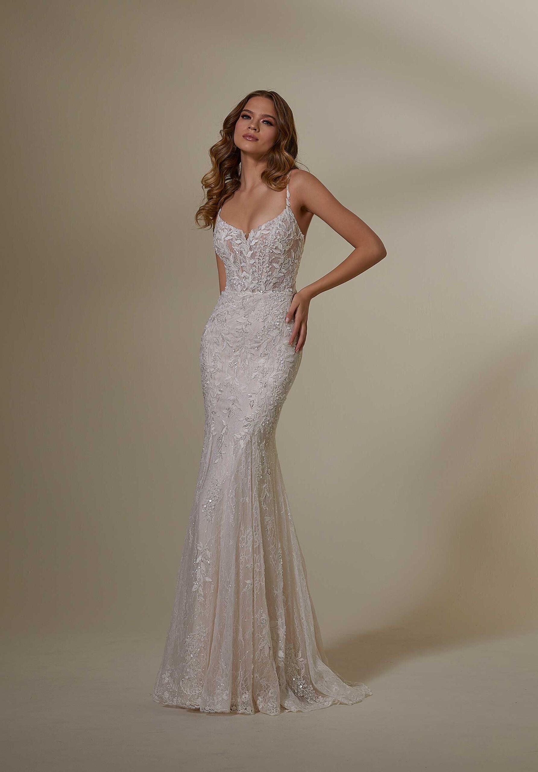 Wedding Dresses Long Lace Wedding Beaded Corset Bridal Dress MGNY Madeline Gardner New York 2542 Ivory/Champagne/Honey