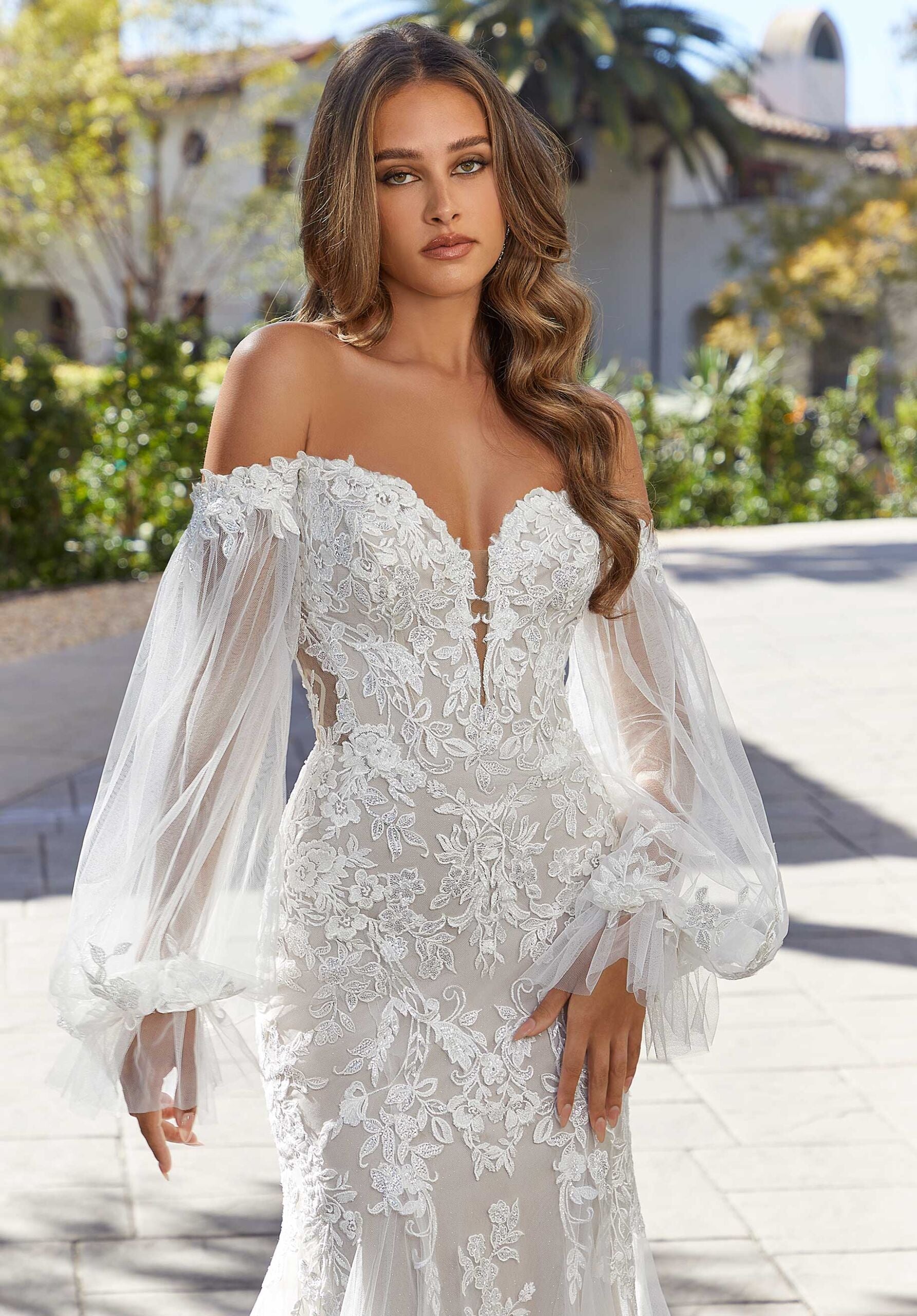 Wedding Dresses Long Lace Bridal Wedding Dress MGNY Madeline Gardner New York 2552 Ivory/Cappuccino/Honey