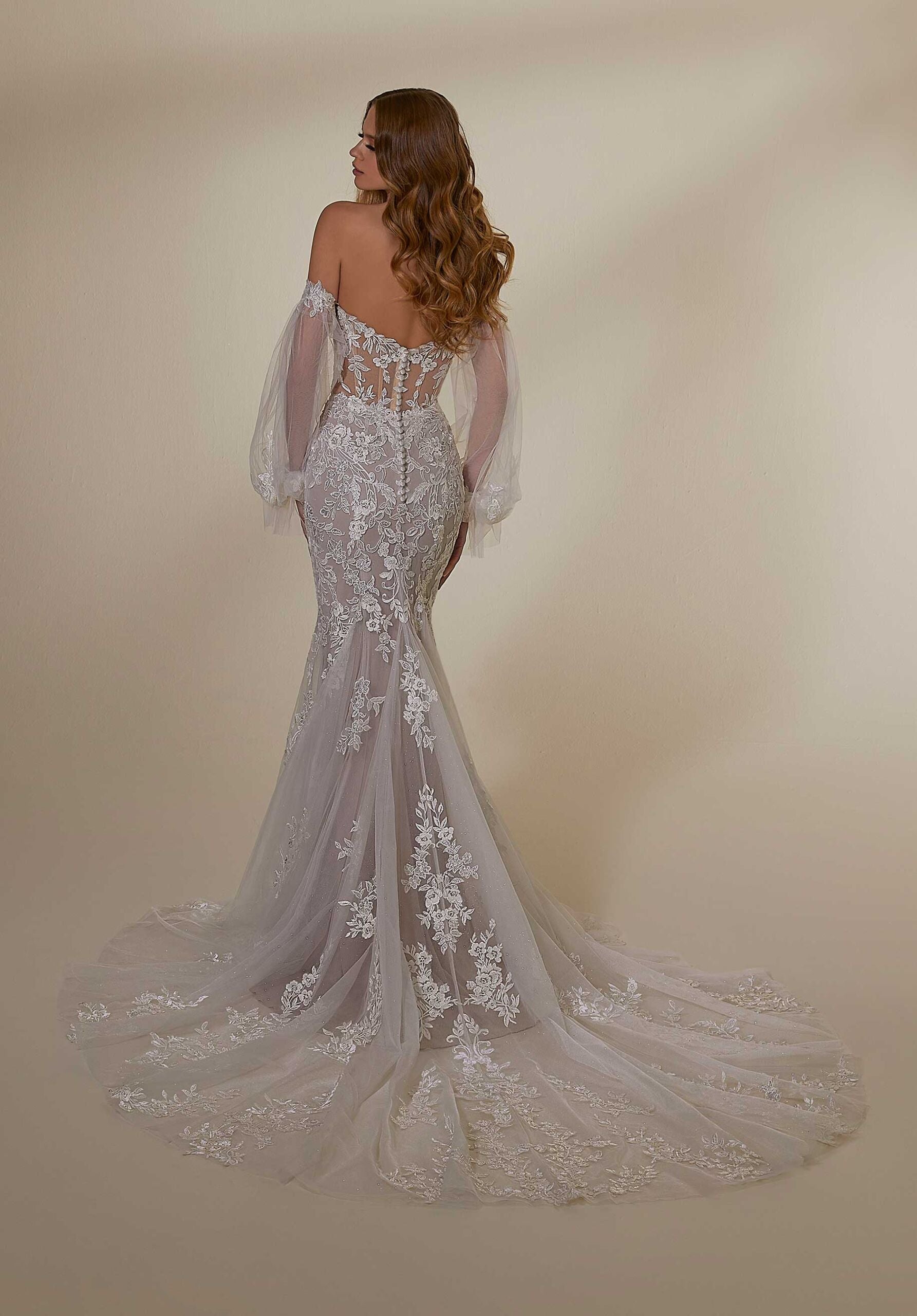 Wedding Dresses Long Lace Bridal Wedding Dress MGNY Madeline Gardner New York 2552 Ivory/Cappuccino/Honey