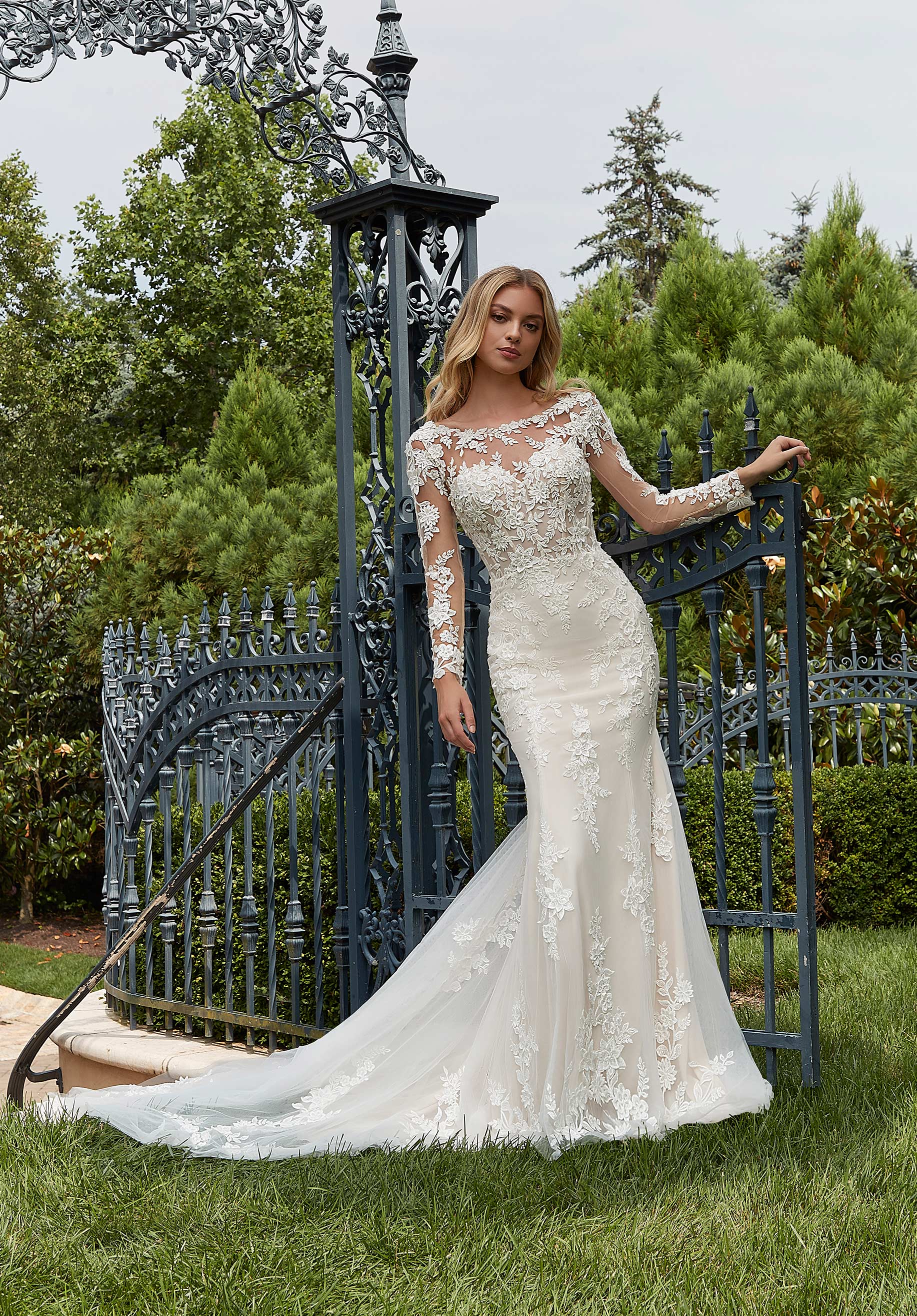 Wedding Dresses Long Wedding Bridal 3D Lace Applique Dress MGNY Madeline Gardner New York 2612 Ivory/Champagne/Honey