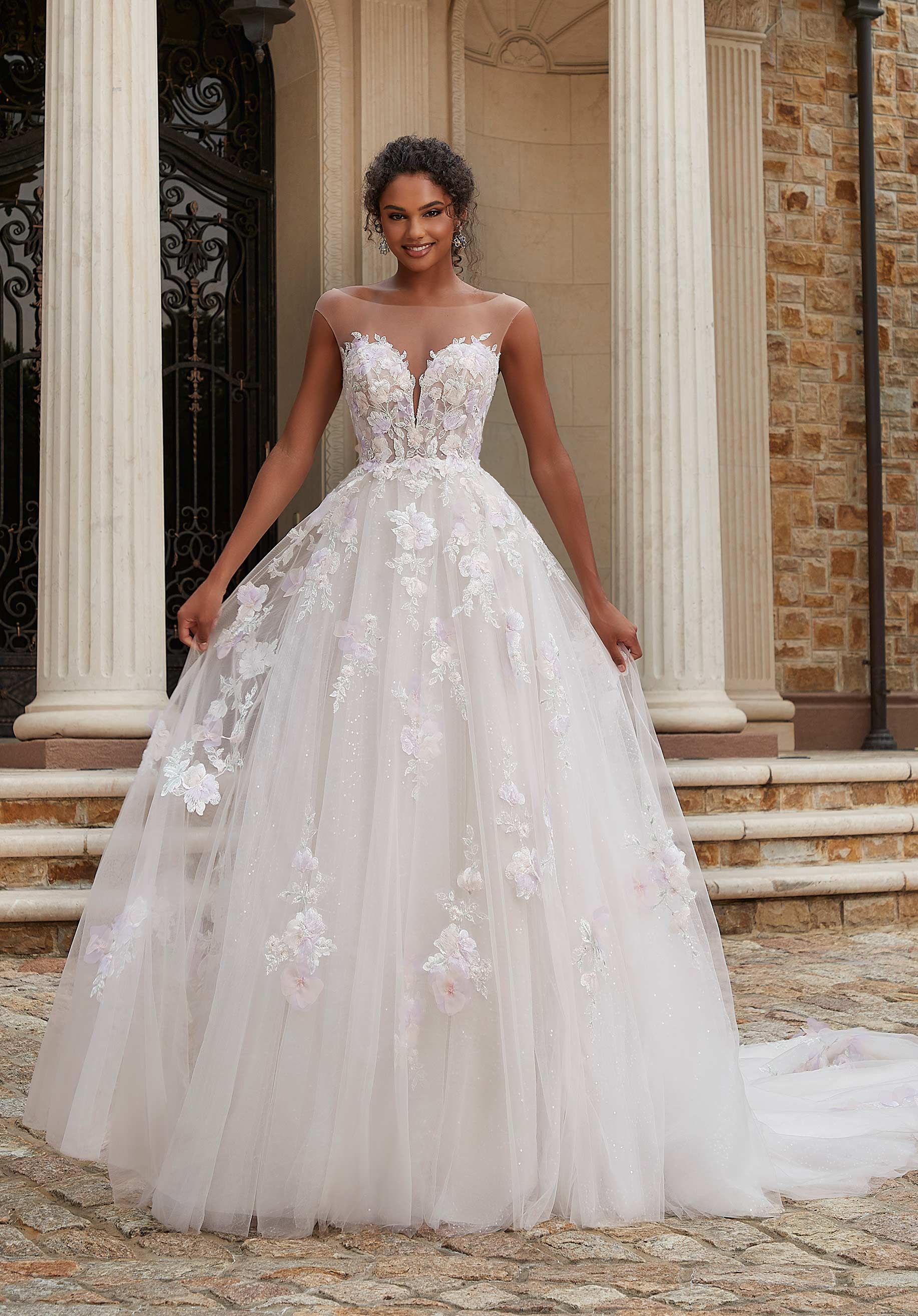 Wedding Dresses Long Wedding Bridal 3D Floral Sequin Dress MGNY Madeline Gardner New York 2614 Ivory/Prosecco/Honey