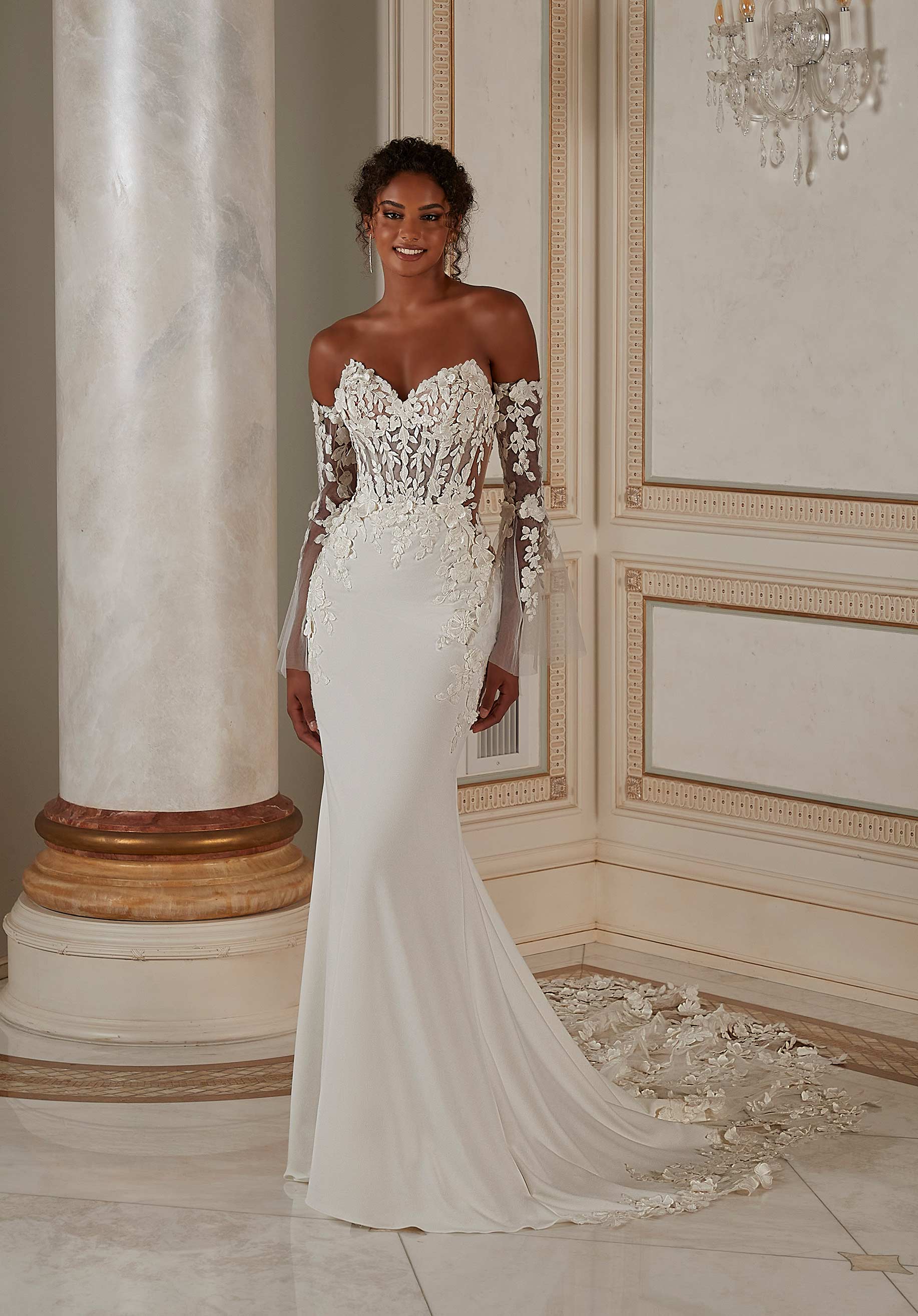 Wedding Dresses Long Wedding Bridal 3D Floral Fitted Dress MGNY Madeline Gardner New York 2615 Ivory/Honey