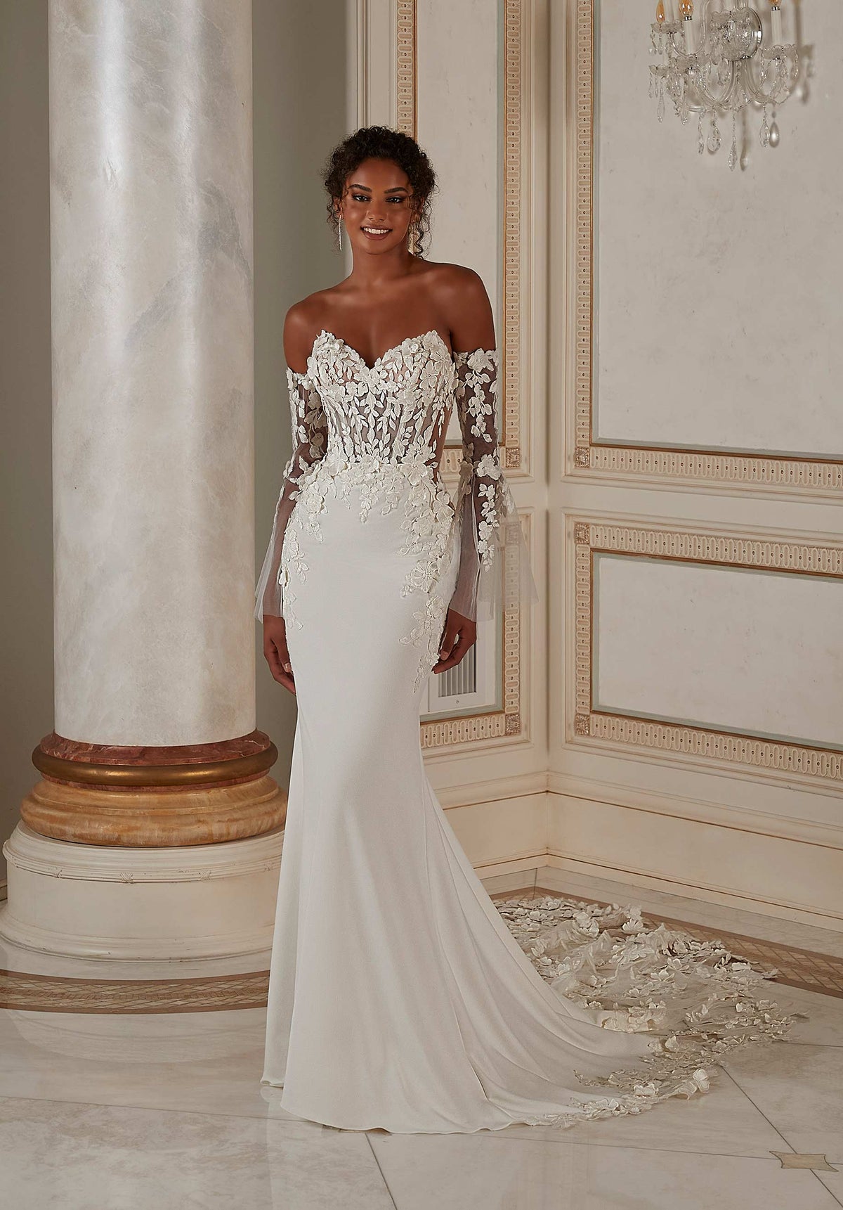 Wedding Dresses Long Wedding Bridal 3D Floral Fitted Dress MGNY Madeline Gardner New York 2615 Ivory/Honey