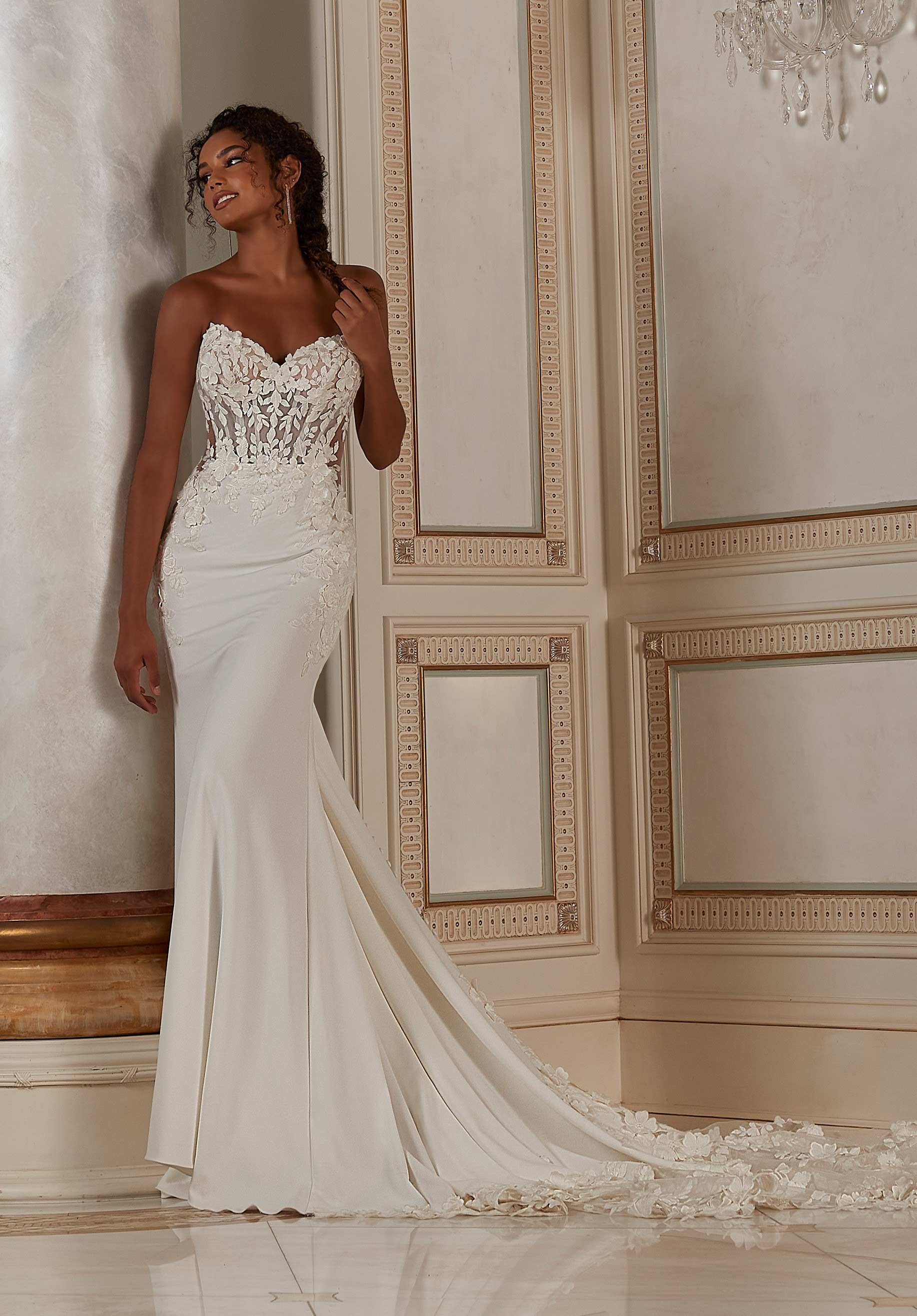 Long Wedding Bridal 3D Floral Fitted Dress MGNY Madeline Gardner