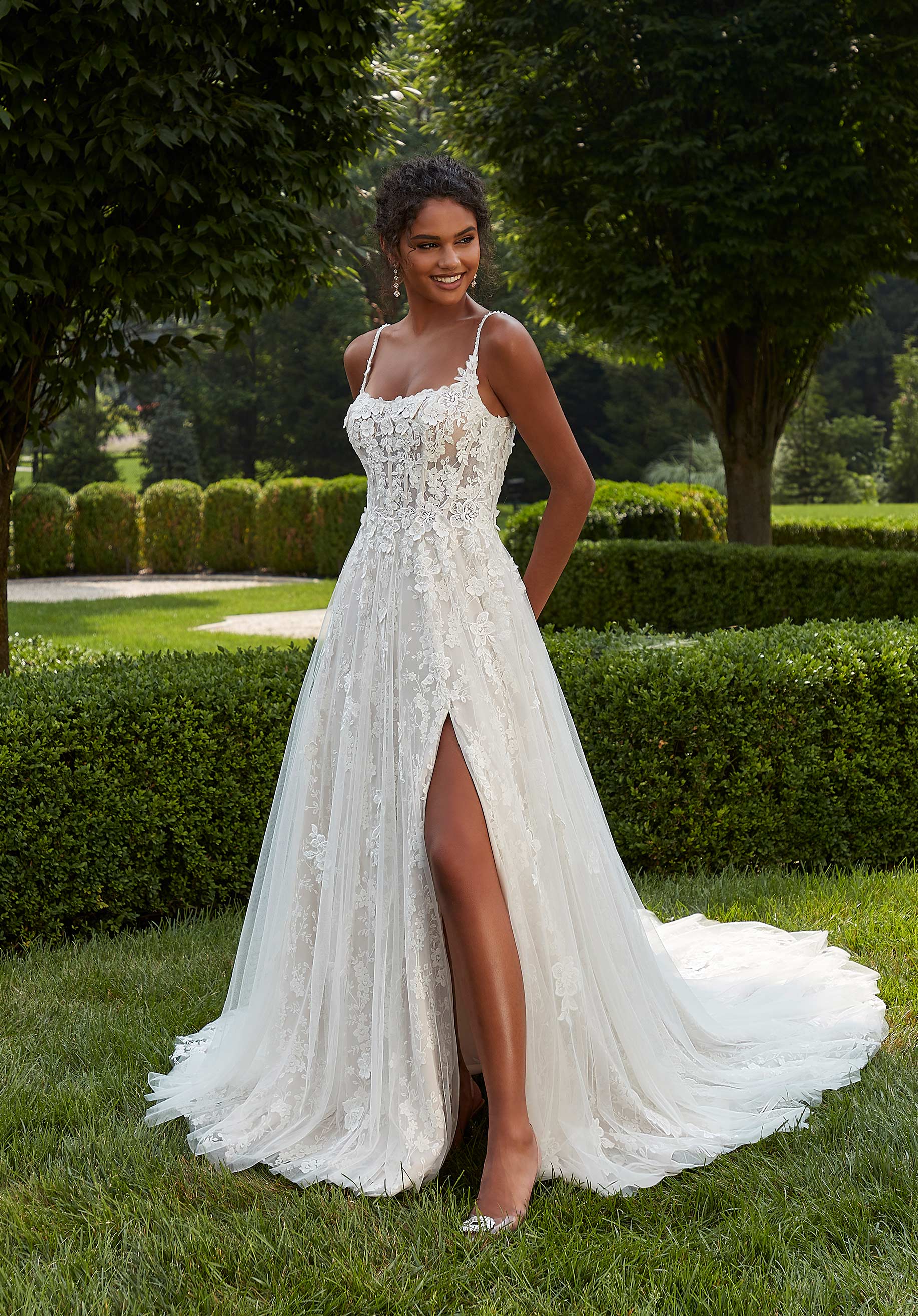 Long Lace Wedding 3D Floral Bridal Dress MGNY Madeline Gardner New York 2622