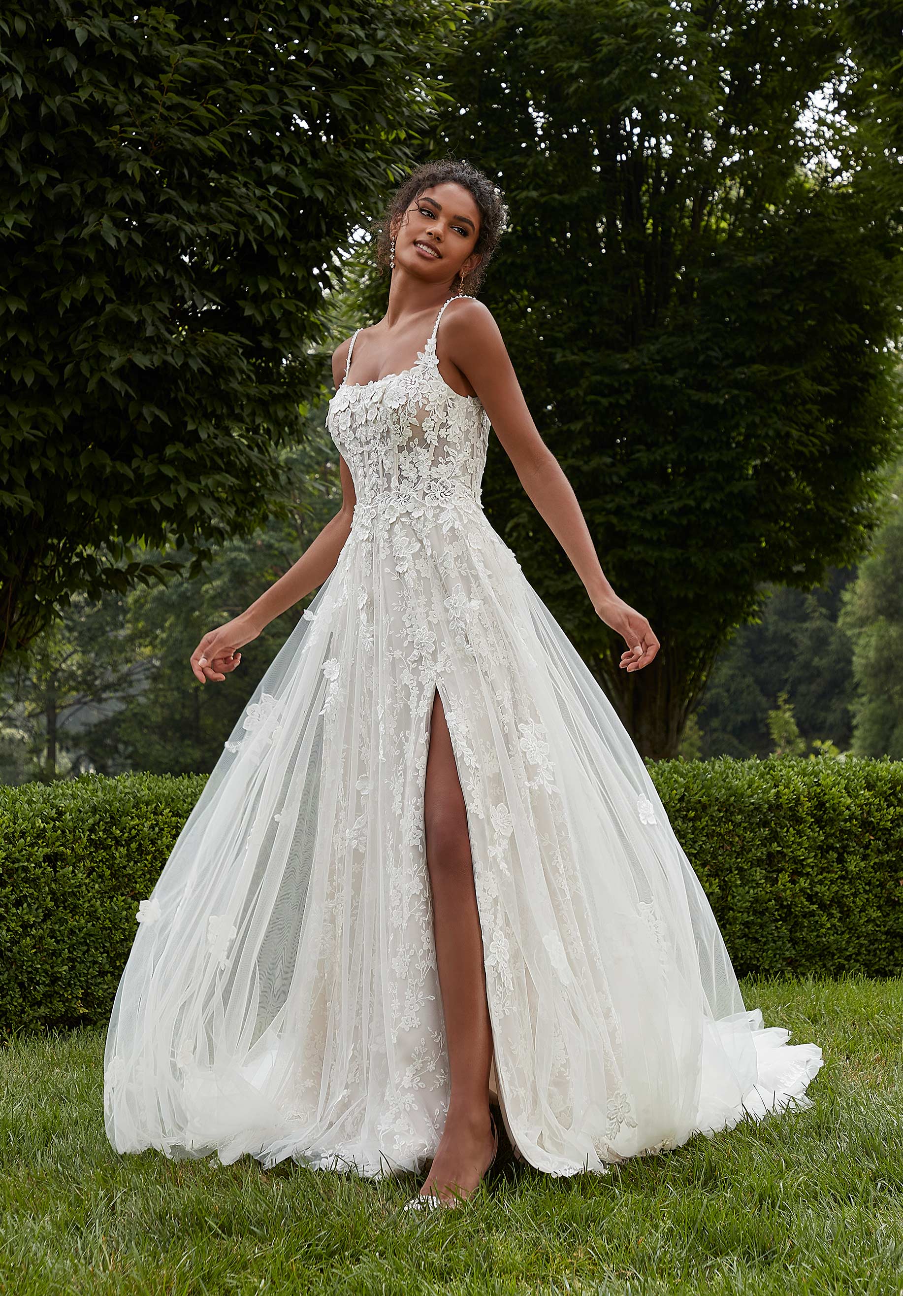 Wedding Dresses Long Lace Wedding 3D Floral Bridal Dress MGNY Madeline Gardner New York 2622 Ivory/Champagne/Honey