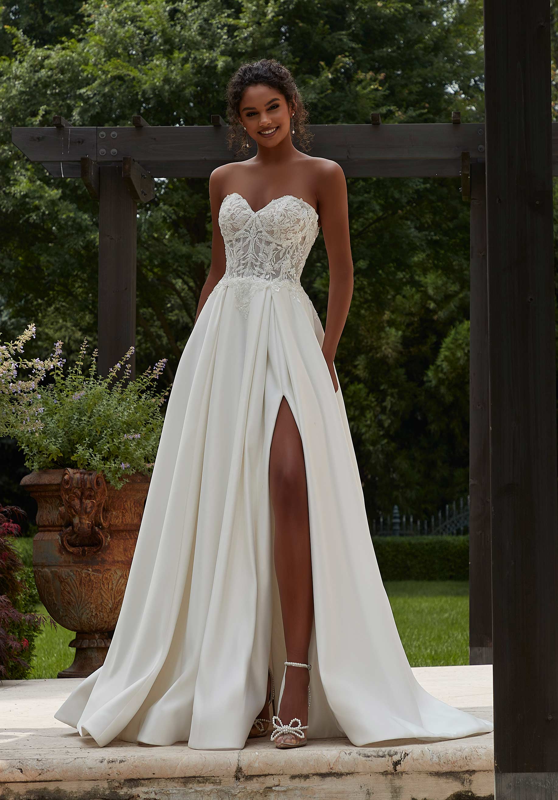 Wedding Dresses Long Wedding Pleated Bridal Lace Corset Dress MGNY Madeline Gardner New York 2623 Ivory/Honey