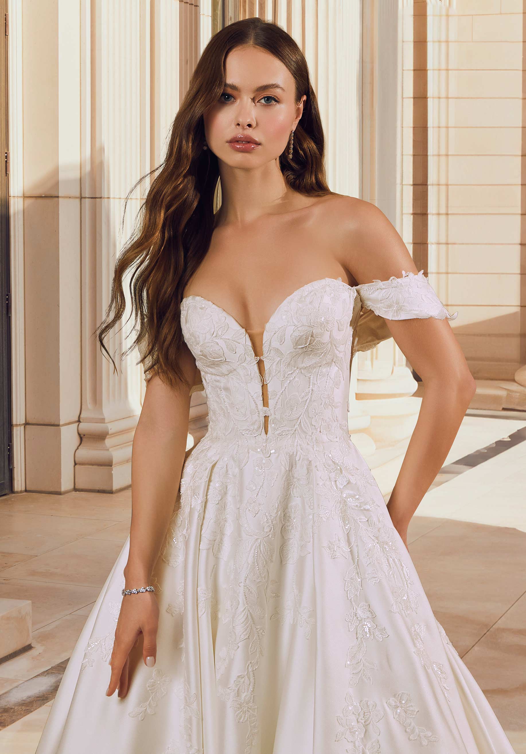 Wedding Dresses Long Lace Applique Bridal Ball Gown Wedding Dress MGNY Madeline Gardner New York 2643 Ivory
