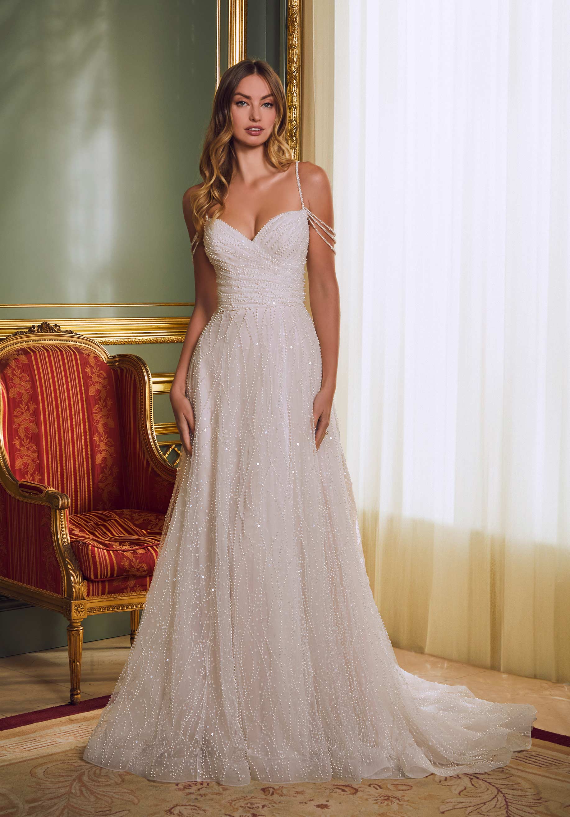 Wedding Dresses Sequin Long Beaded Bridal A Line Wedding Dress MGNY Madeline Gardner New York 2644 Ivory/Sand