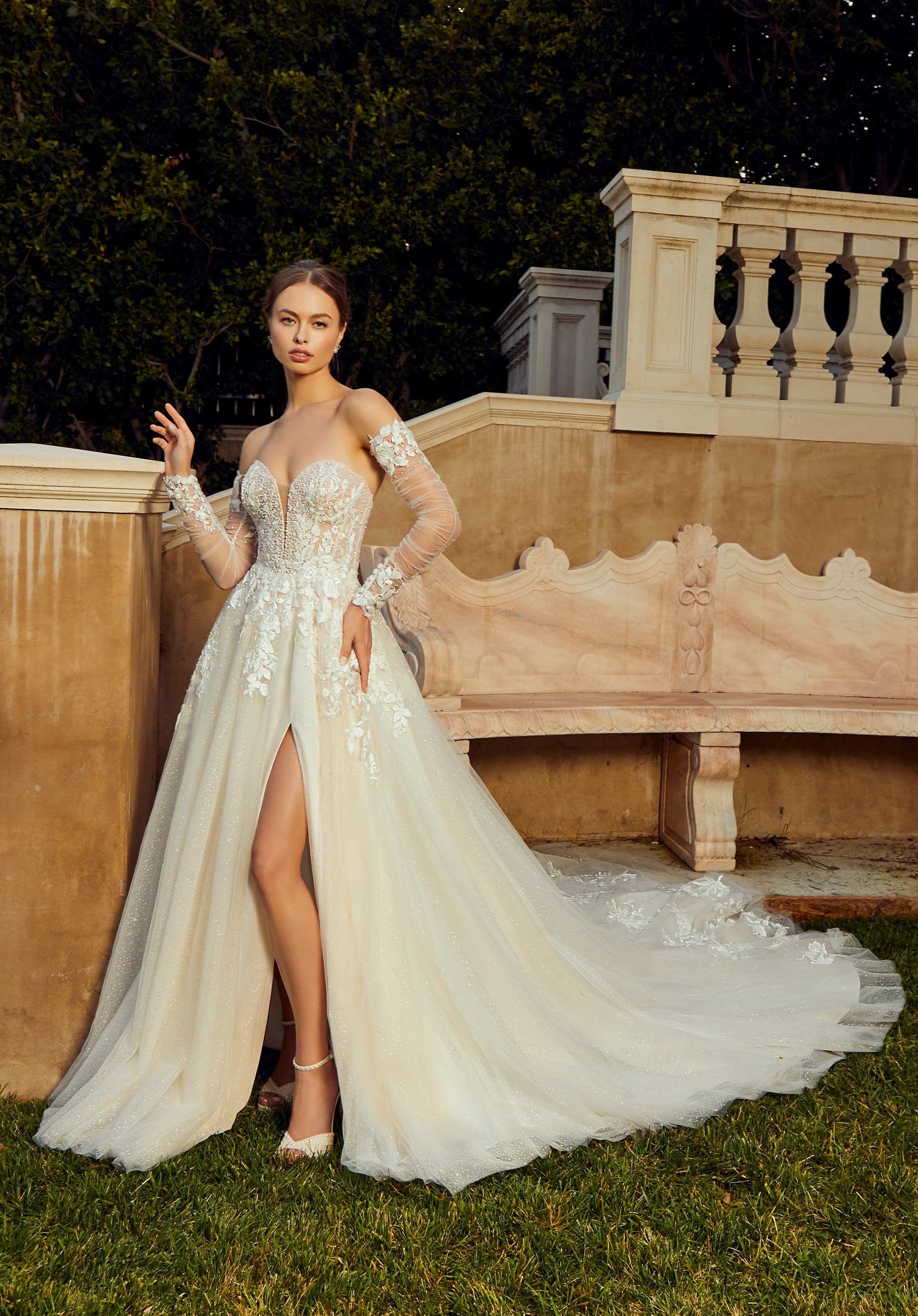 Wedding Dresses Long Wedding Lace A Line Bridal Gown MGNY Madeline Gardner New York 2653 Ivory/Prosecco/Honey