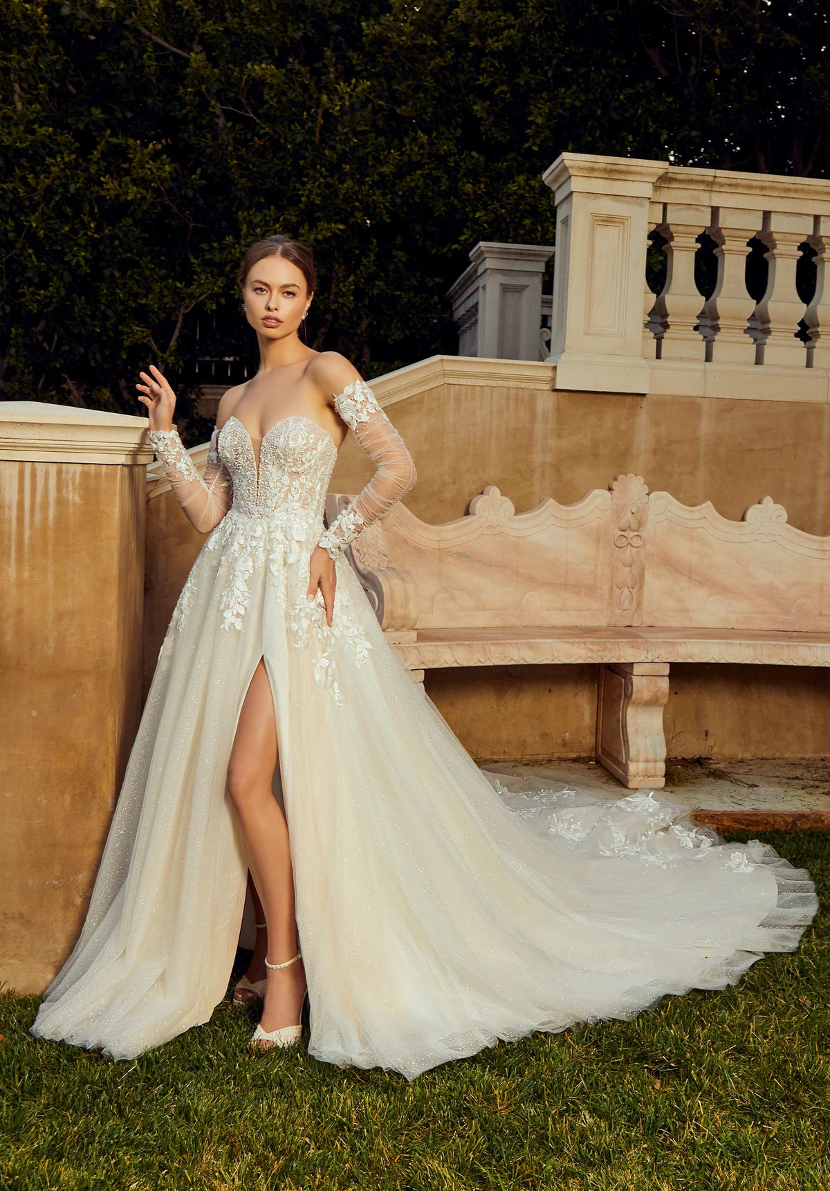Wedding Dresses Long Wedding Lace A Line Bridal Gown MGNY Madeline Gardner New York 2653 Ivory/Prosecco/Honey