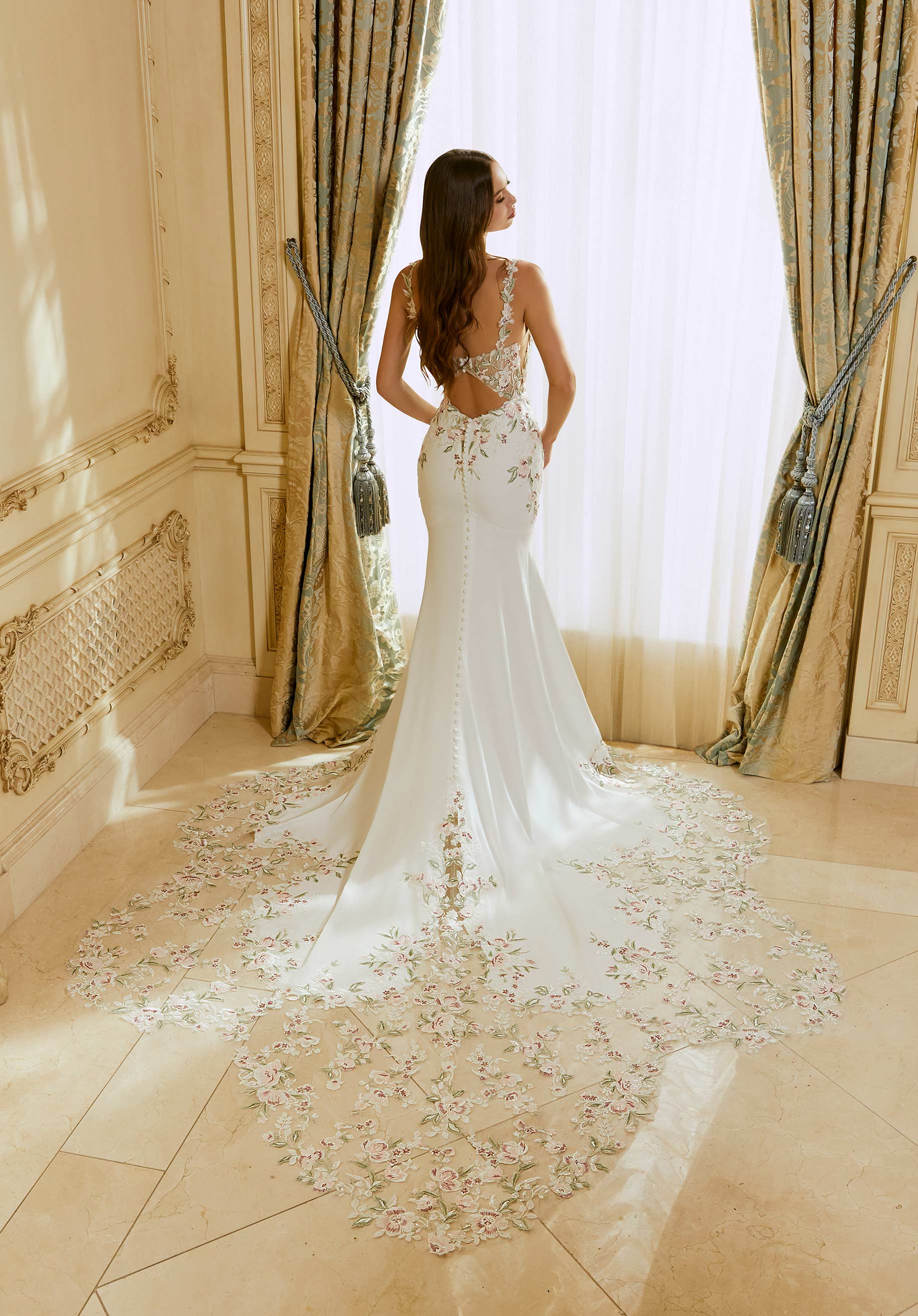 Wedding Dresses Long Wedding Floral Bridal Gown MGNY Madeline Gardner New York 2658 Ivory/Honey