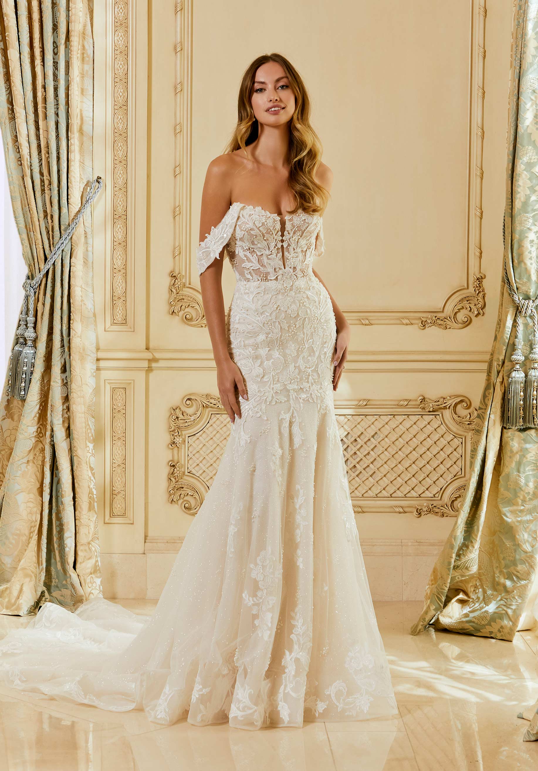 Wedding Dresses Long Wedding Beaded Mermaid Bridal Gown MGNY Madeline Gardner New York 2664 Ivory/Champagne/Honey