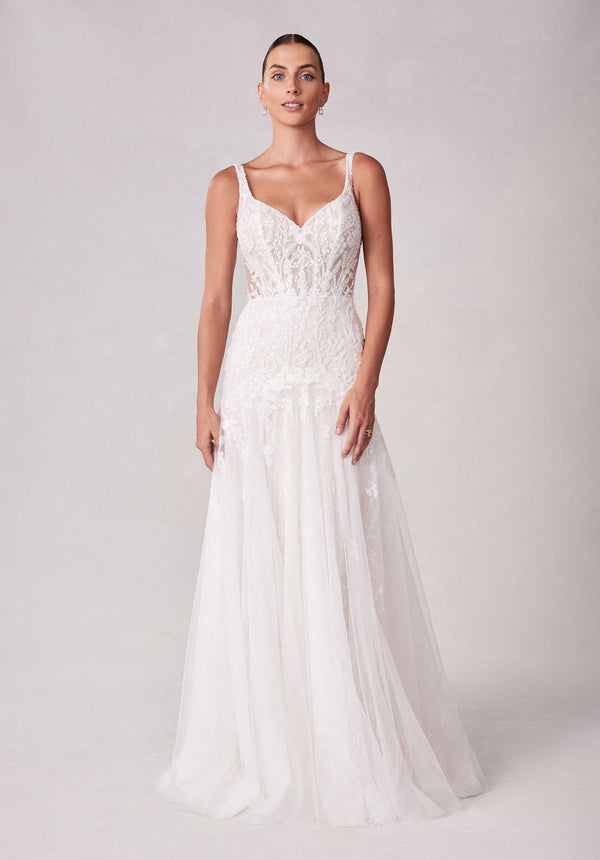 MGNY Madeline Gardner New York 2703 Long A Line Lace Applique Wedding Dress