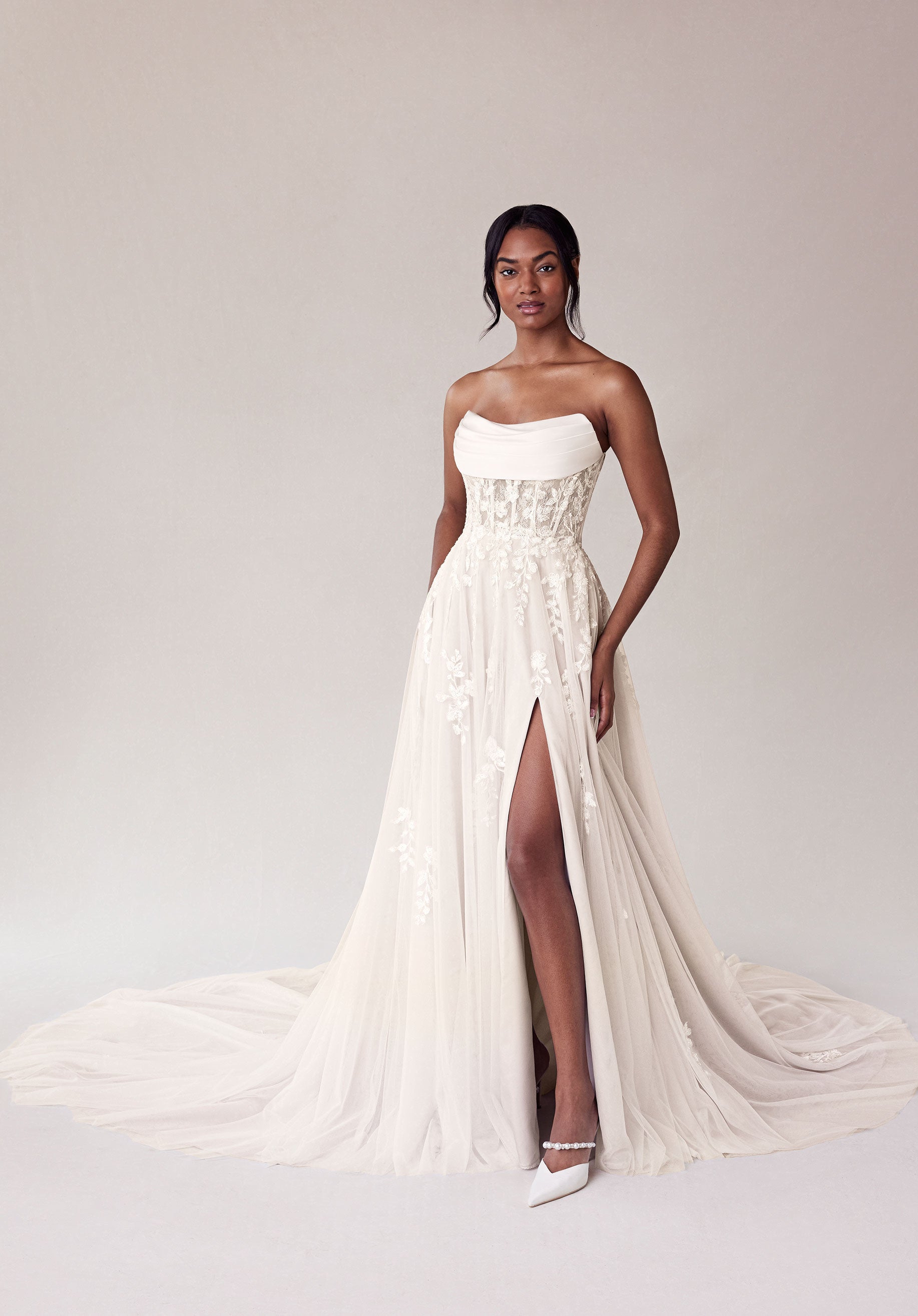 MGNY Madeline Gardner New York 2707 A Line Corset Lace Long Wedding Dress