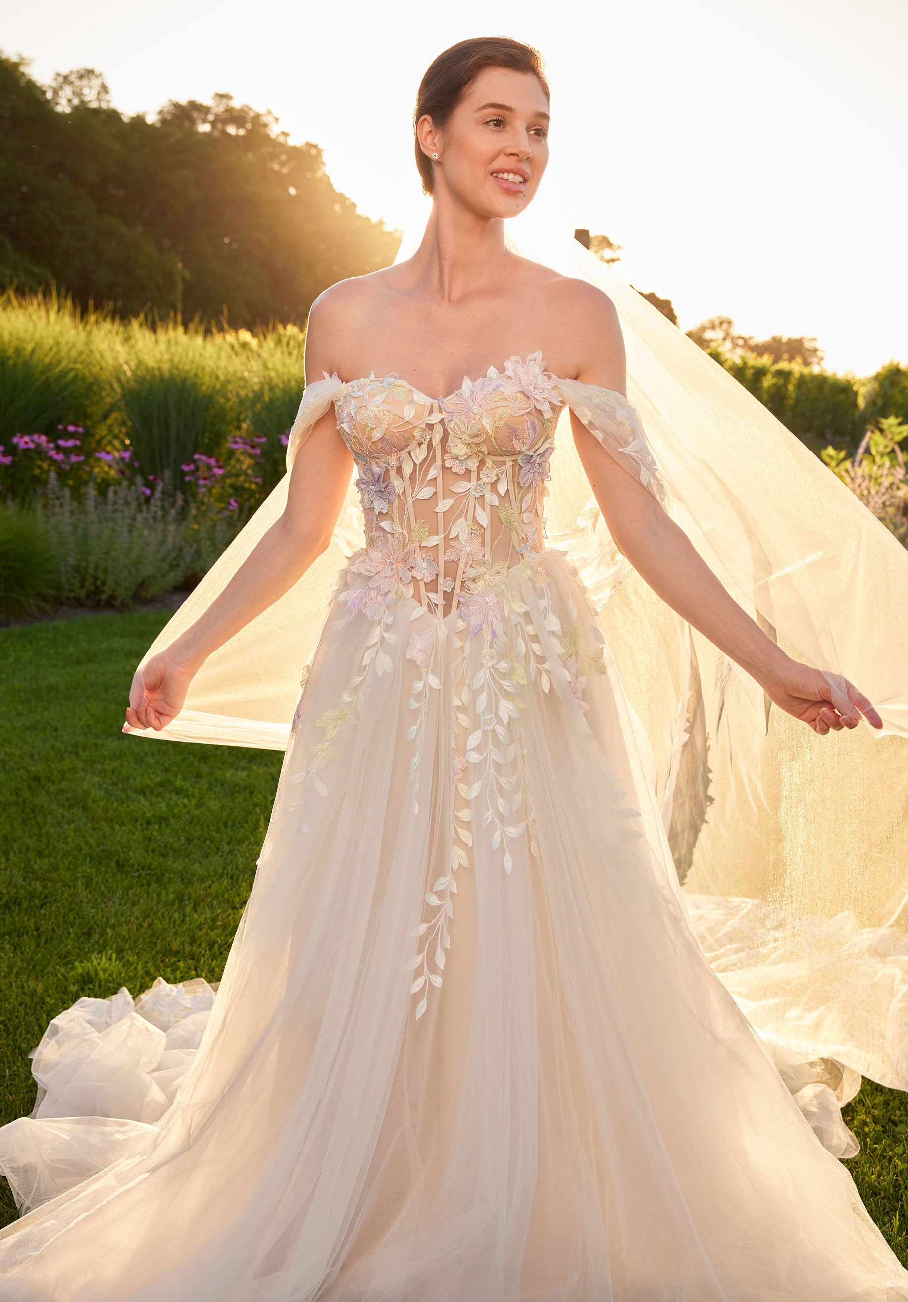 MGNY Madeline Gardner New York 2716 Long 3D Floral Lace A Line Wedding Dress